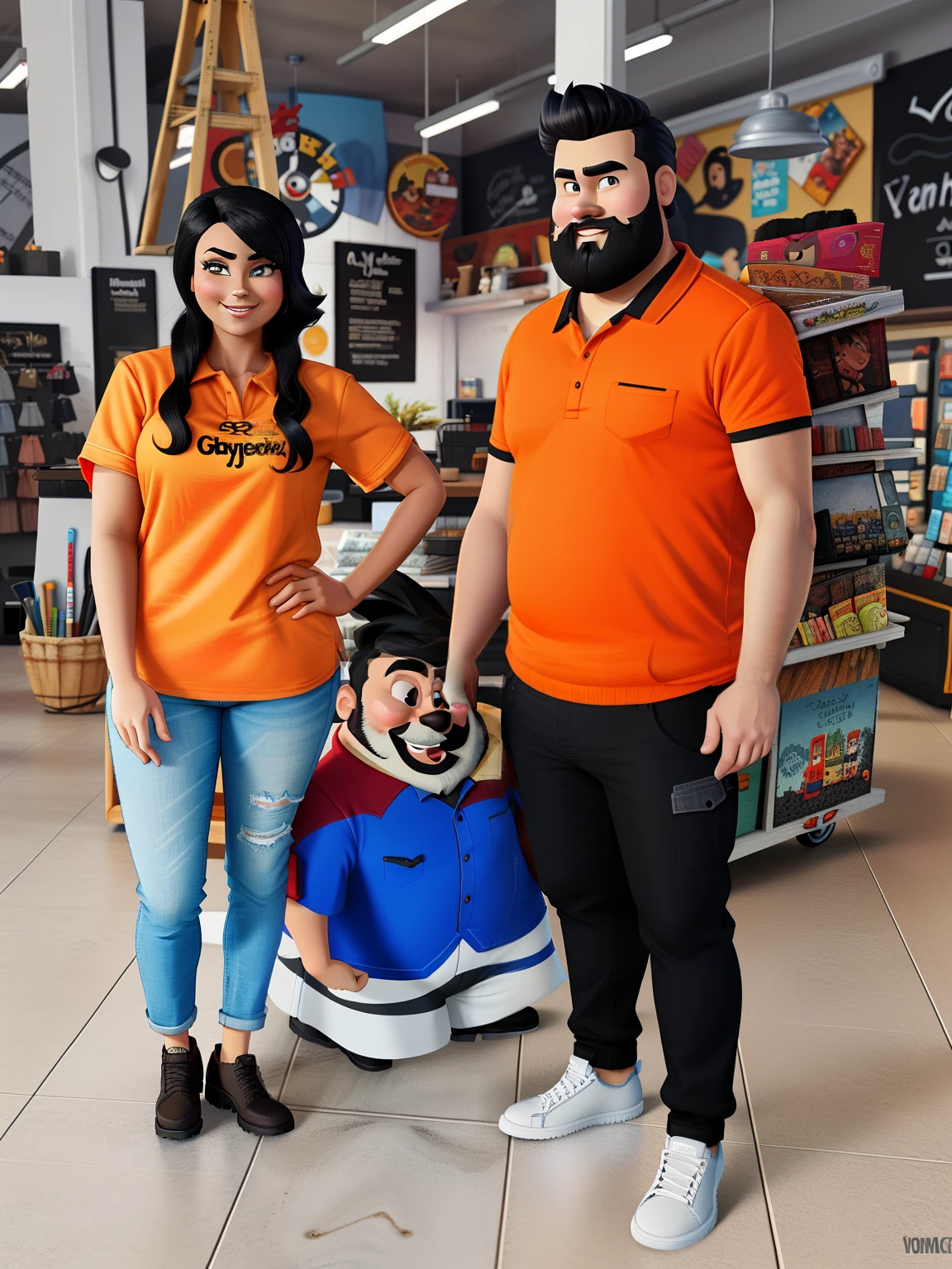 Cartoon characters of a fat bearded man and a slim black-haired woman standing, without glasses and smiling, vestes camisas laranja, Personagens animados, Caractere estilizado, animation style rendering, 3D estilizado, interior scene of a building materials store, Em estilo Pixar.