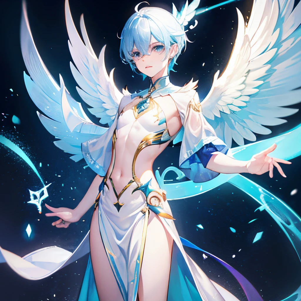Character design, angel, male, skinny, blue, yellow, magical, unique