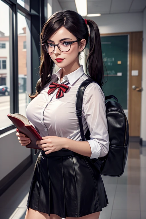 European woman, 30 years old, There is an adult woman in a School Corridor ,Student Uniform, Leather Backpack, Books and Note books in arms, School Skirt, glasses, Dark hair, red lips, Eye shadow, slutty makeup, Pigtails , beautiful chest, big breasts,Second Life Avatar, Beautiful screenshot, Second Life, front view view, bottom view, attractive woman, high quality, highly detailed skin