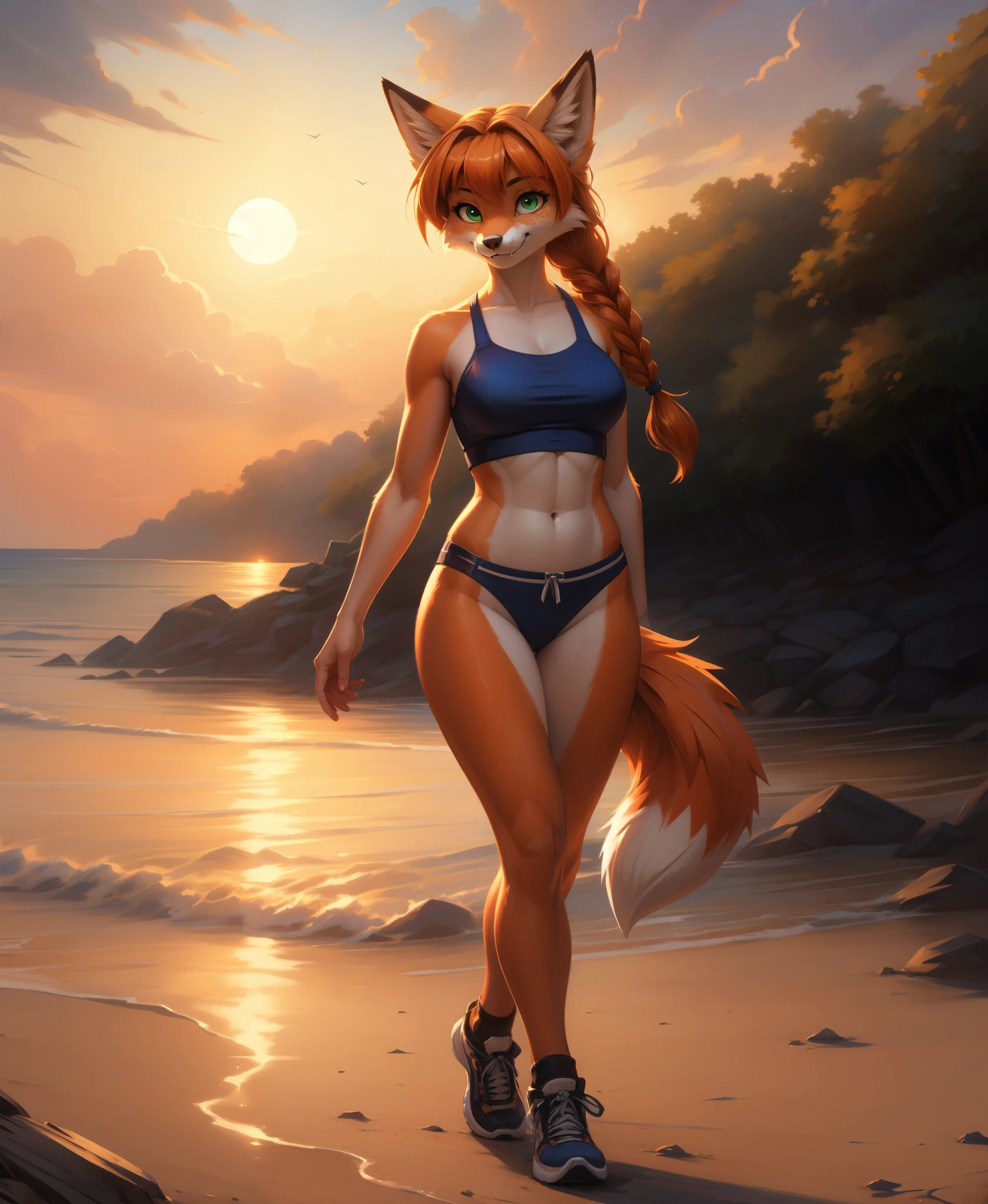 8k.4k,((Best quality, masterpiece, ultra high resolution)),((full body)),by pixelsketcher, Patricia Mac Sionnach,animal ears, barefoot, breasts,furry, furry female, fox tail, freckles, tail, fox ears, bangs, twin braids, orange hair, green eyes, body fur, braid, fox girl, orange fur, hair tie, animal nose, twintails, two-tone fur, sneakers,fox girl, fangs,blue thong,((white croptop)),walking, sunset, beach