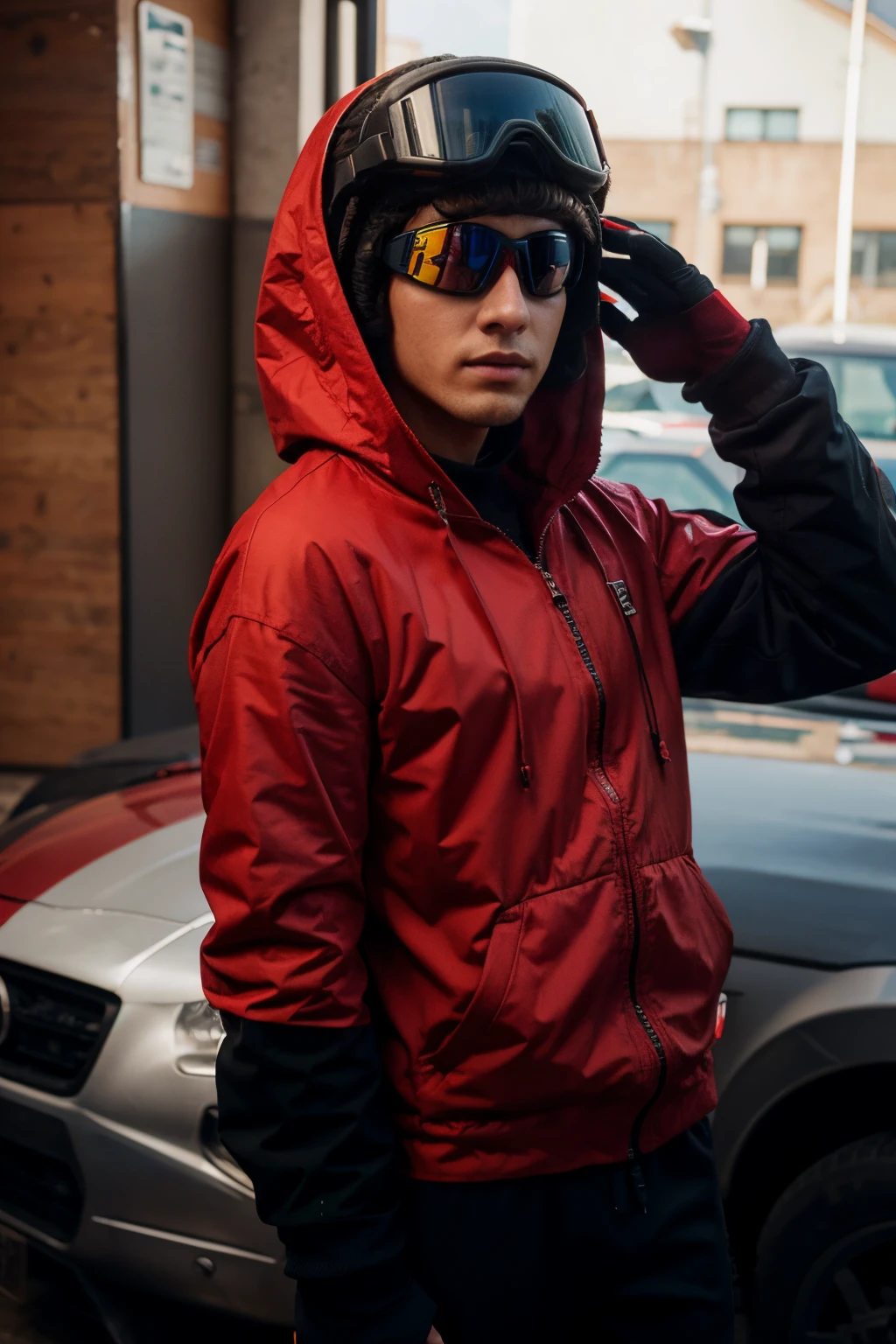 young man with short hair wearing ski goggles to hide his face, vestido com um moletom vermelho, black racing jumpsuit, e luvas de motorista