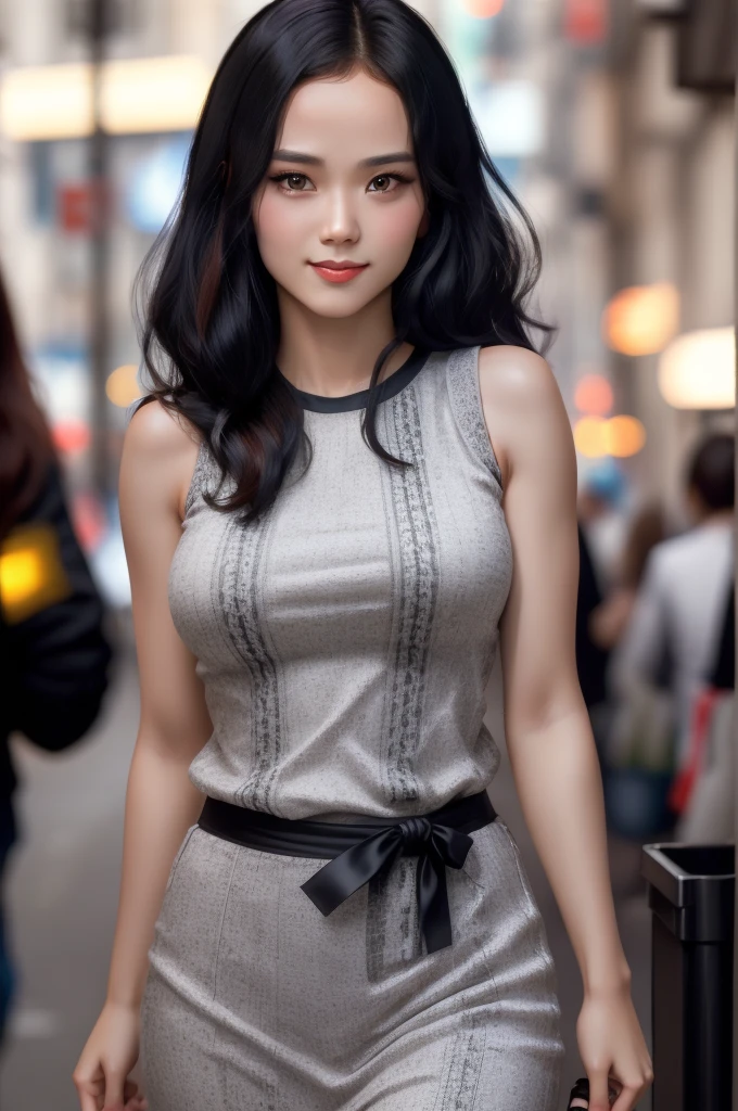 1girl,woman,complex 3d render ultra detailed, smile, portrait of beautiful woman, moody portrait, striking features, beauty, intricate details, dramatic composition, tension, contrast, texture, realism, high-quality rendering, stunning art, high quality, film grain, Fujifilm XT3,swirly bokeh,(realistic, photo-realistic:1.1),RAW photo,physically-based rendering,(looking at viewer:1.4),(8k, best quality, masterpiece:1.5),(full body shot:1.2),octane render,extremely detailed CG, unity 8k wallpaper,in street,urban,city,(studio soft light,sunlight:1.1),hyper realistic detail shiny skin,ultra detailed,(standing:1.1),(a girl is wearing sleeveless:1.5),(ultra realistic:1.1),(intricate:1.1),(photorealistic:1.3),1girl,(skinny:1.3),detailed background ,(large breasts:1.2), Jisoo