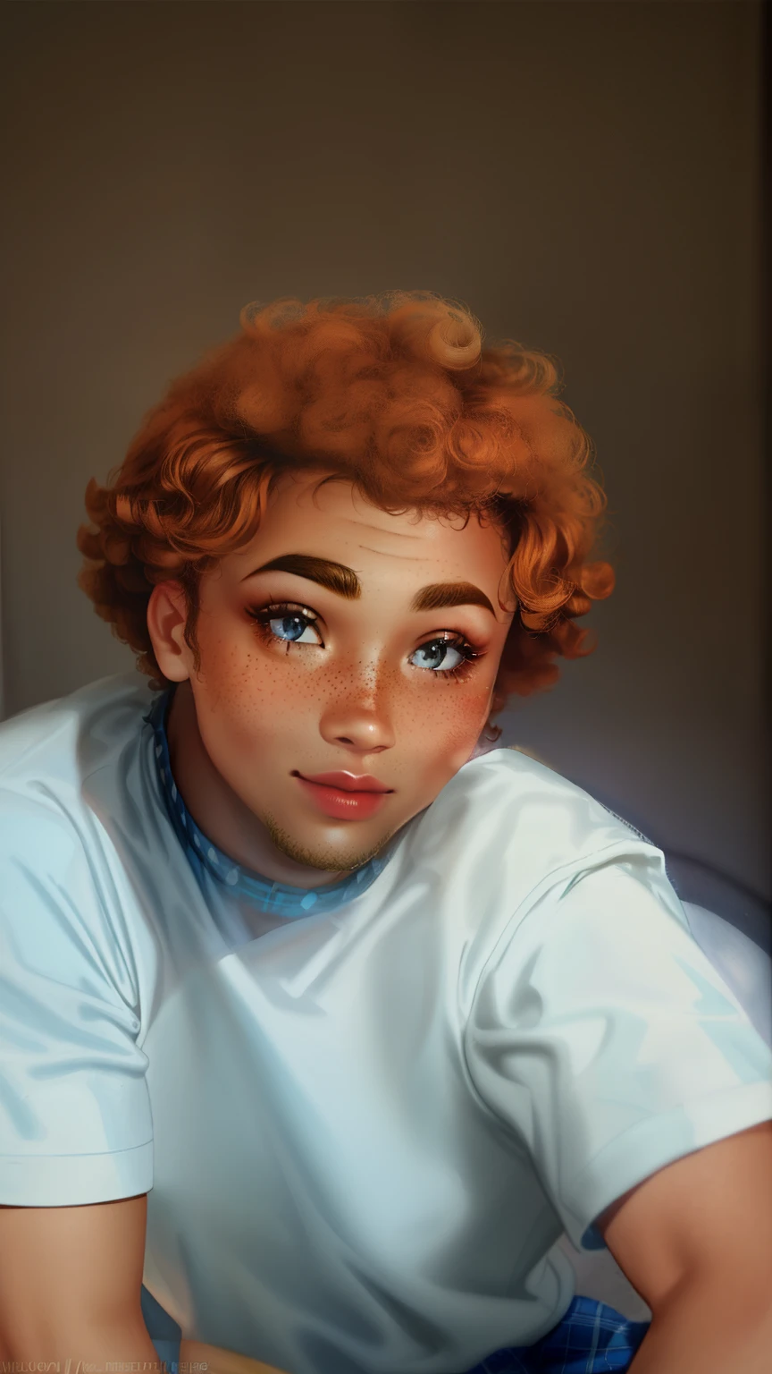 Fair, ginger afro curls, eyebrows, eyelashes, freckles, blue top, Disney pixel 3D