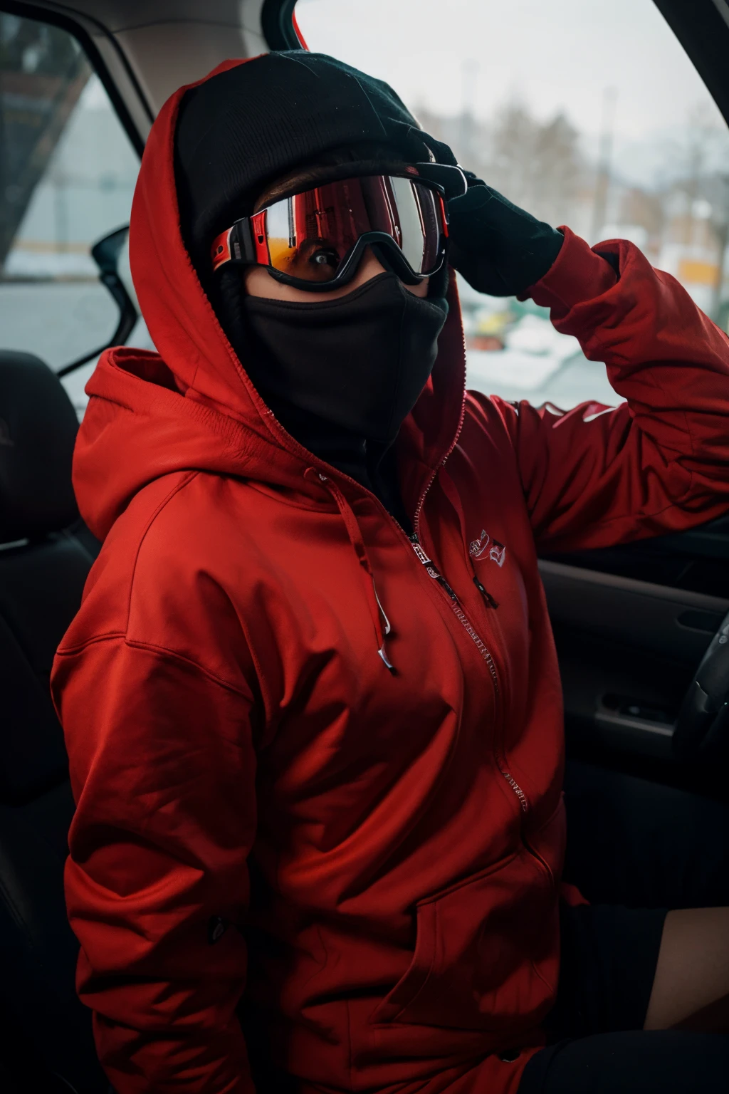 young person with short hair wearing ski goggles to conceal their face, dressed in a red hoodie, black racing jumpsuit, and driver gloves hiding your mouth