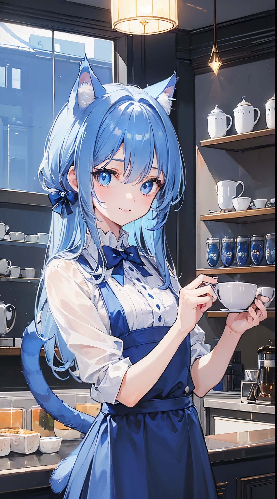 (((8k))), (((masterpiece))), (((best quality))), (((ultra detailed))), (illustration), (((an extremely delicate and beautiful))), (((high quality eyes))), (((Blue cat,blueCat,Blue cat,bluecat,Blue cat,))), (eye focus), ((smile)), (((perfect anatomy))), (((8k coffee shop))), (((8k coffee shop background))), (((18 years old))), (((eyes like crystal))), (((blue eyes))), (((blue hair))), (((Cat ear))), ((cat tail)),
