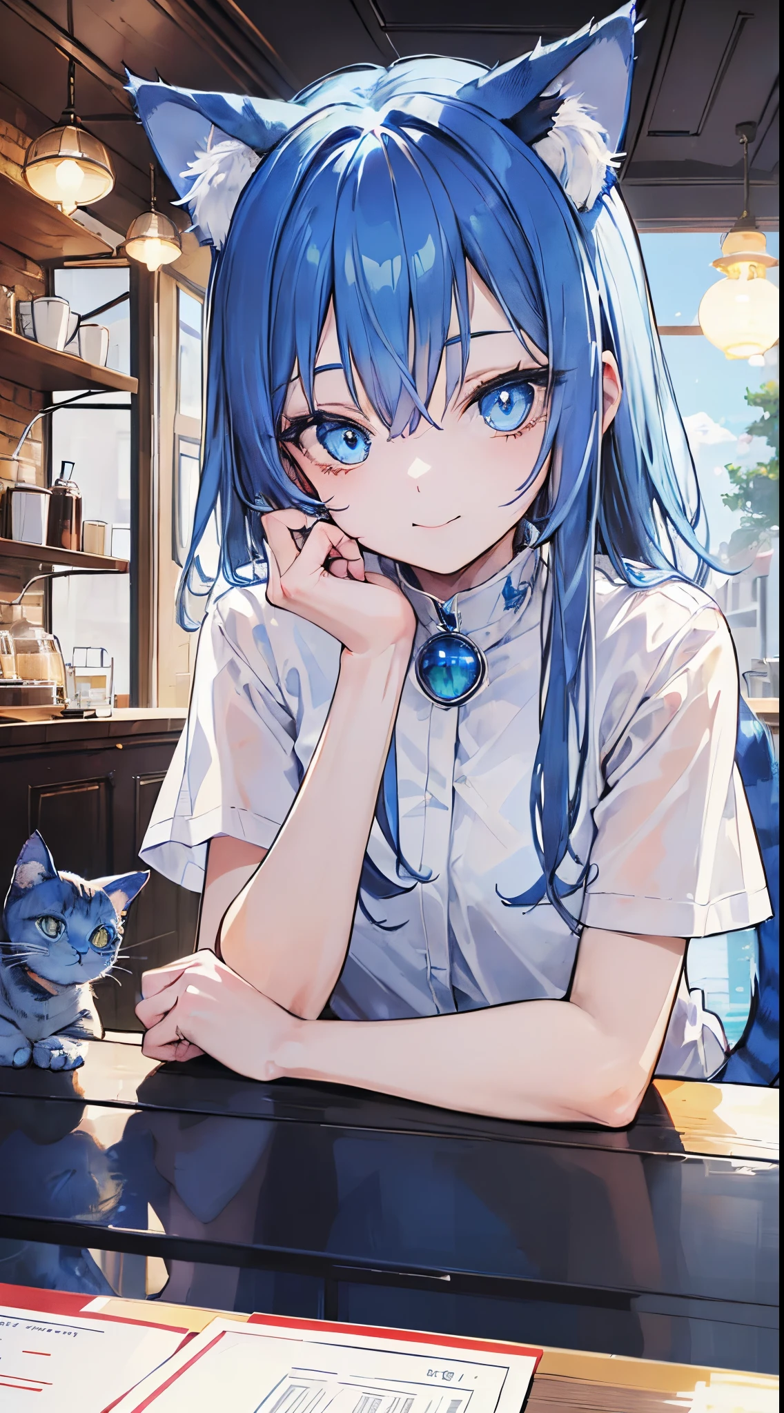 (((8K))), (((masutepiece))), (((Best Quality))), (((ultra-detailliert))), (Illustration), (((extremely delicate and beautiful))), (((high quality eyes))), (((Blue cat,Blue Cat,Blue cat,Blue Cat,Blue cat,))), (Eye focus), ((Smile)), (((Perfect Anatomy))), (((8K Coffee Shop))), (((8K Coffee Shop Background))), (((18 years old))), (((Crystal-like eyes))), (((Blue eyes))), (((Blue hair))), (((Cat's ears))), ((Cat tail)),