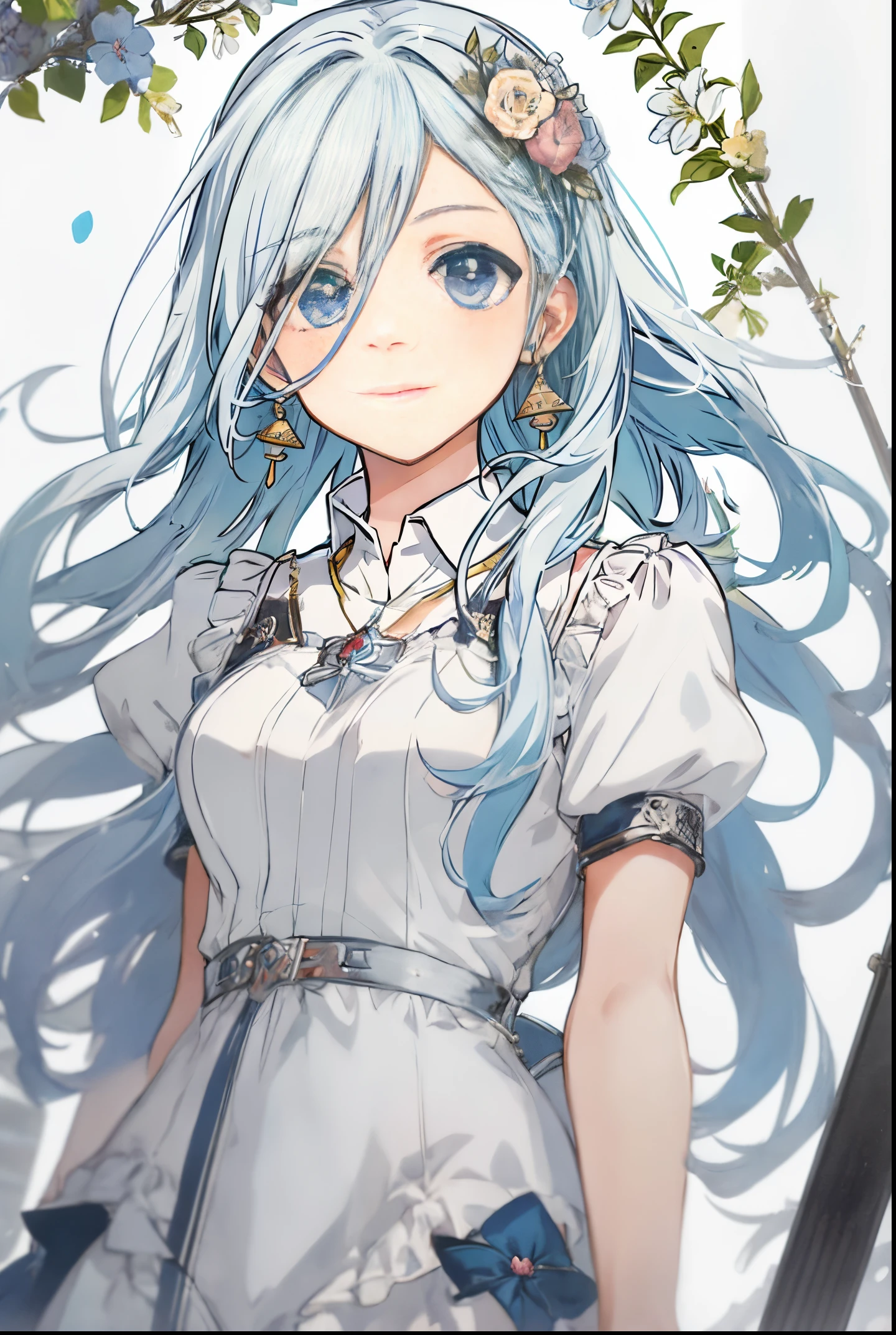 Anime girl with blue hair and blue eyes in a white dress, official artwork, high detailed official artwork, atelier lulua, crisp clear rpg portrait, detailed portrait of an anime girl, silver hair girl, white haired god, beatrice blue, portrait of Lolita, Official art, Detailed key anime art, Detailed Digital Anime Art, Beautiful Anime Portrait, silber hair