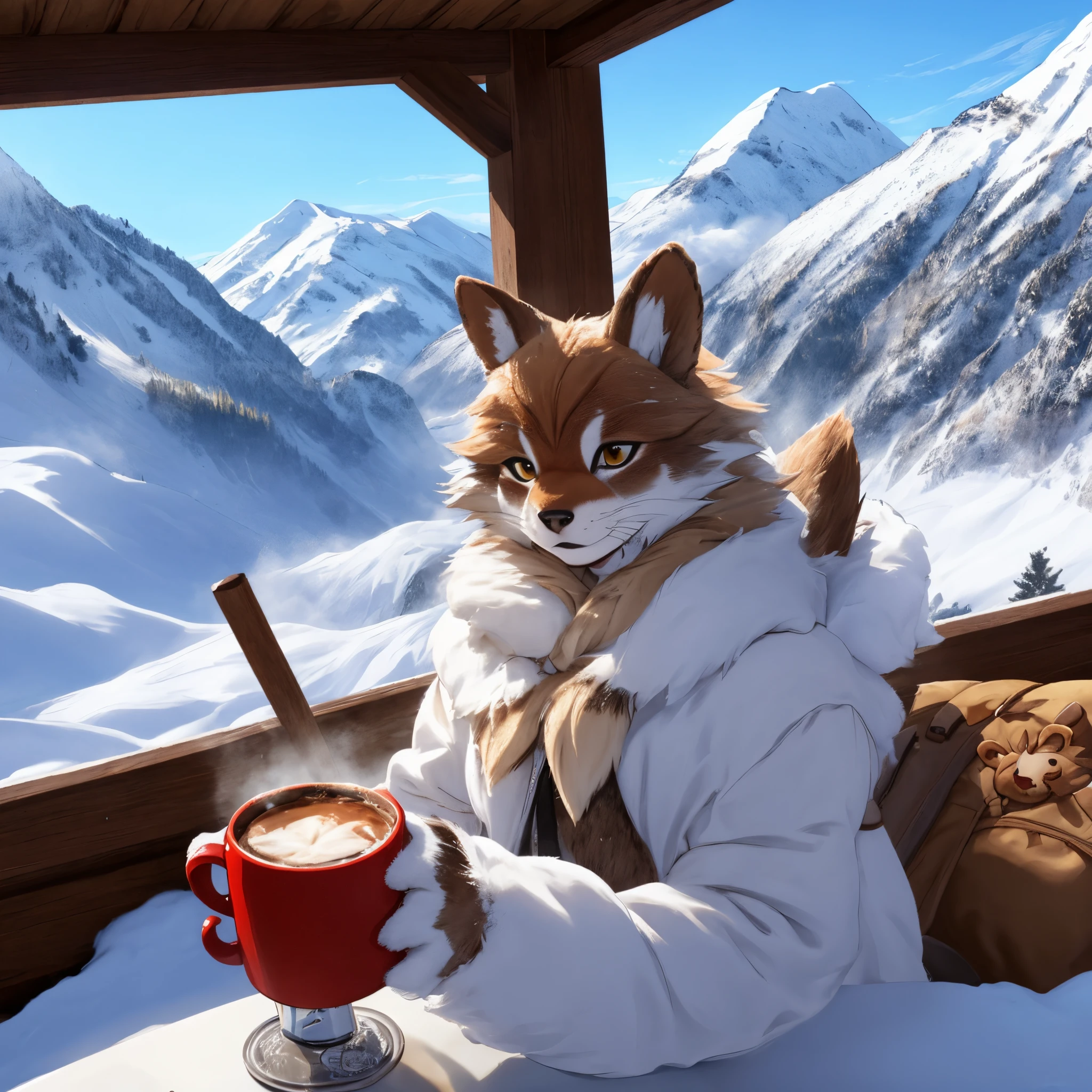 Furry français buvant un chocolat chaud en montagne