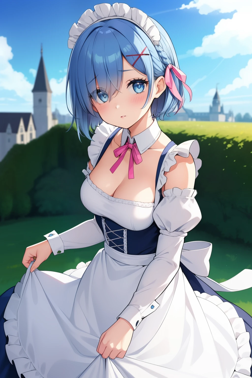 1girl, solo, breasts, looking at viewer, blush, short hair, blue eyes, hair ornament, dress, ribbon, medium breasts, blue hair, hair ribbon, outdoors, detached sleeves, sky, day, hair over one eye, apron, blue sky, maid, maid headdress, x hair ornament, pink ribbon, roswaal mansion maid uniform