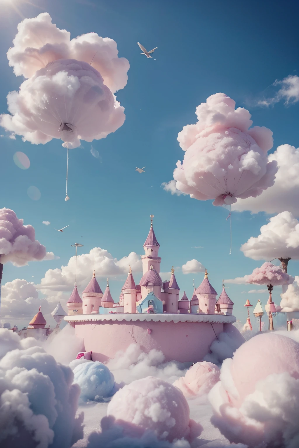 Moradores do reino doce preocupados, doce derretendo, casas ao fundo, houses made of cotton candy