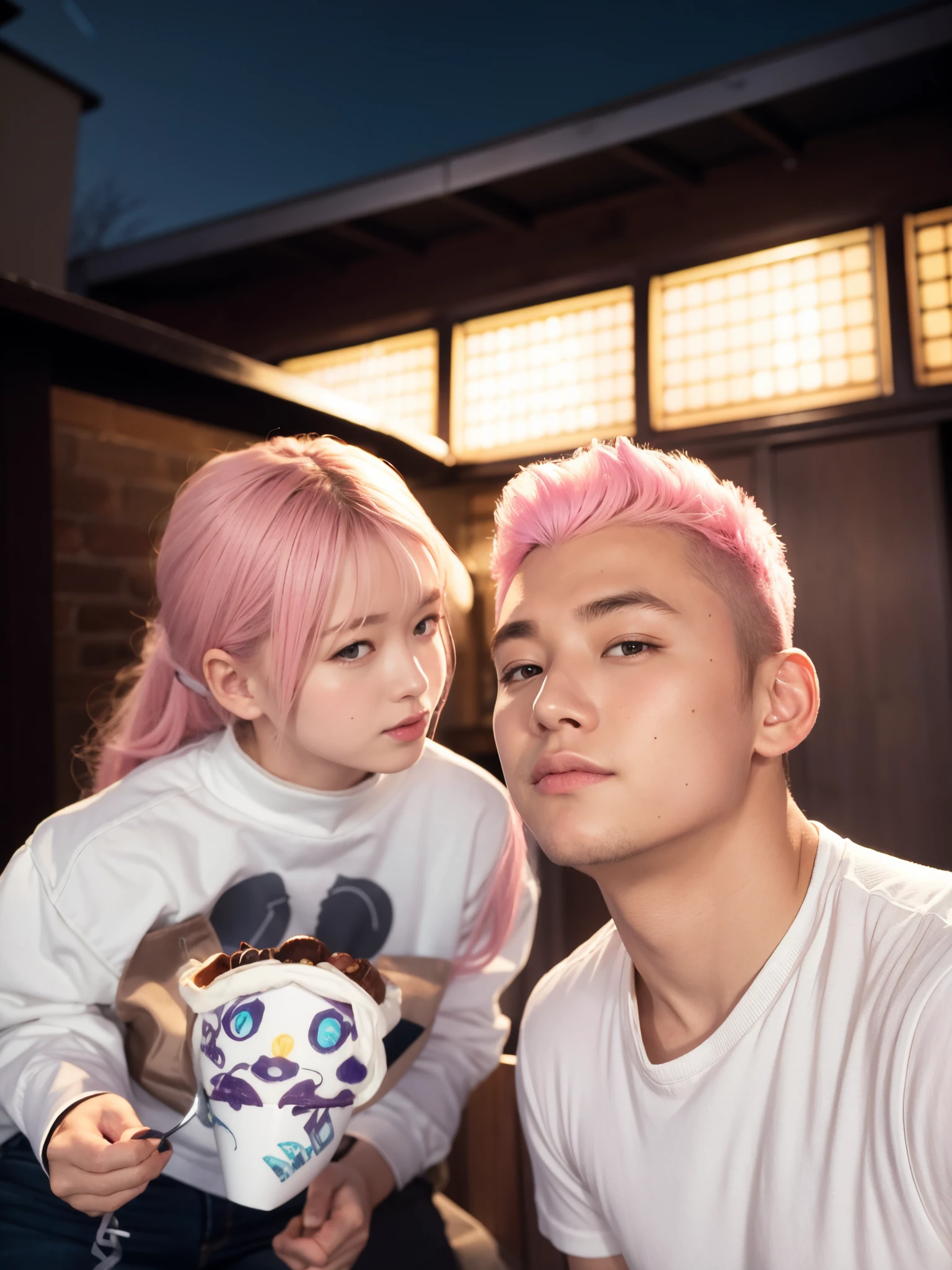 Background with，Cafe，the night，starrysky。ember：stubbles，Gilet blanc；Kizi：pink T shirt
