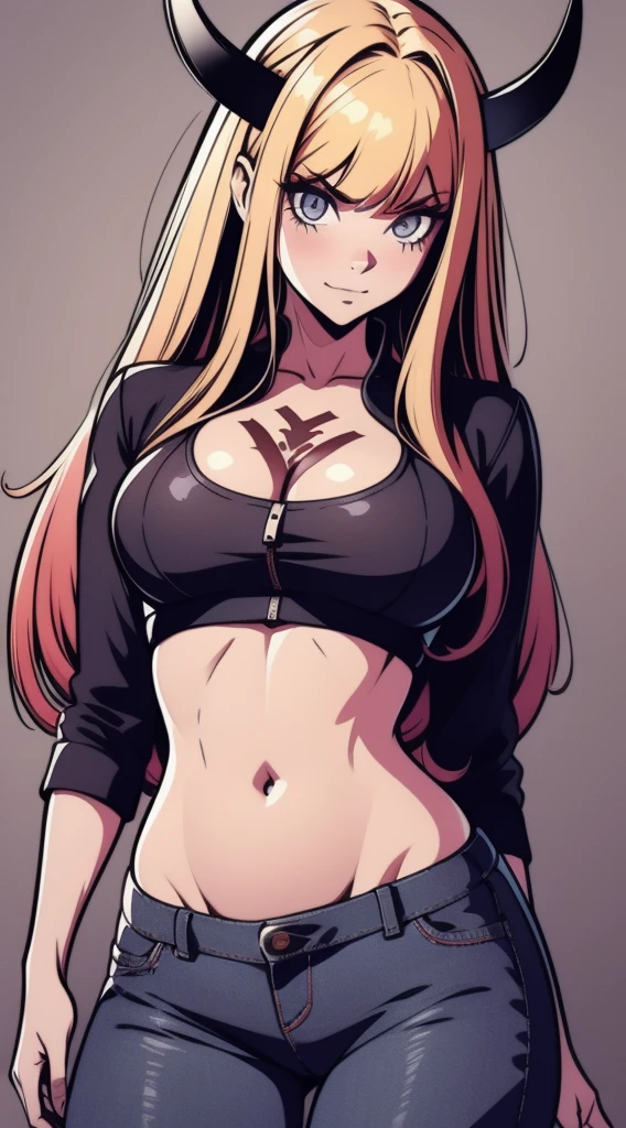 adulta, longos cabelos loiros, olhos vermelhos, red dragon horns, tatuagem, espartilho apertado vermelho, mamas abertas, Decote largo e profundo, ombros abertos, belly belly button visible, jeans, Sentado na cadeira, master part, Hiqualidade, 4k, disco Rigido, bom detalhe
