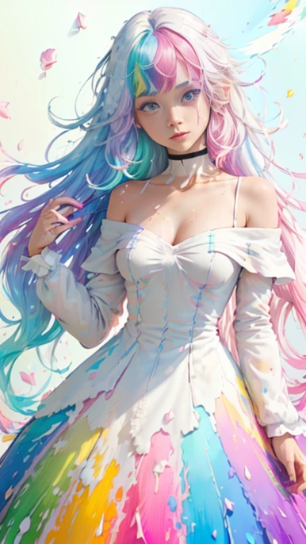 （Pink Fashion T-shirt：1.9），(Colorful hair: 1.8), (all the colours of the rainbow: 1.8),(((((vertical painting：1.6))), （painting：1.6），front, comics, illustrations, paintings, large eyes, crystal clear eyes,（ rainbow color gradient high ponytail：1.7）, exquisite makeup, closed mouth,(Small Fresh: 1.5),(Wipe Chest: 1.6) ，long eyelashes, white off shoulder T-shirt,  White Shoulder Shirt，looking at the audience, large watery eyes, (rainbow colored hair：1.6), color splash, （solo：1.8）, color splash, color explosion, thick paint style, messy lines, ((shining))，(colorful), (colorful), (colorful), colorful, Thick Paint Style, (Splash) (Color Splash), Vertical Painting, Upper Body, Paint Splash, Acrylic Pigment, Gradient, Paint, Highest Image Quality, Highest Quality, Masterpiece, Solo, Depth of Field, Face Paint,  colorful clothes, (Elegant: 1.2), gorgeous,long hair, wind, (Elegant: 1.3), (Petals: 1.4)，(((masterpiece))),(((best quality))),((ultra-detailed)),(illustration),(dynamic angle),((floating)),(paint),((disheveled hair)),(solo),(1girl) , (((detailed anima face))),((beautiful detailed face)),collar,bare shoulders,white hair, ((colorful hair)),((streaked hair)),beautiful detailed eyes,(Gradient color eyes),(((colorful eyes))),(((colorful background))),(((high saturation))),(((surrounded by colorful splashes))),
