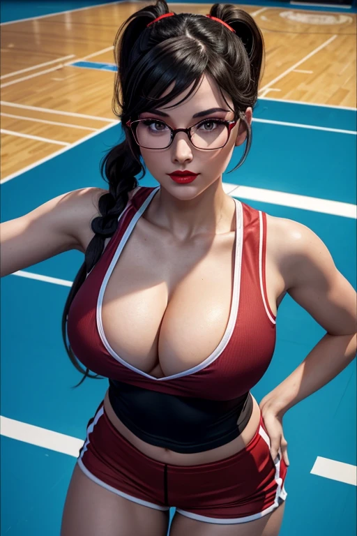 European woman, 30 years old, There is an adult woman in a School gymnasium, SportWears, Playing Basketball, glasses, Dark hair, red lips, Eye shadow, slutty makeup, Pigtails , beautiful chest, big breasts,Second Life Avatar, Beautiful screenshot, Second Life, front view view, bottom view, attractive woman, high quality, highly detailed skin