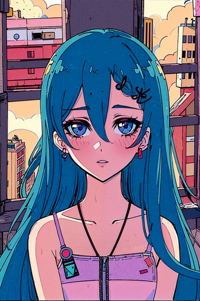 (masterpiece:1.5, best quality:1.5), ((VaporWave style, partially coloring)), close-up, from above, cinematic angle,
1girl, Look tired, long_hair, solo, in bedroom, dolls were in a mess, decadent life,
pole outside the window, sunset outside the window, street outside the window, the sunset outside the window,