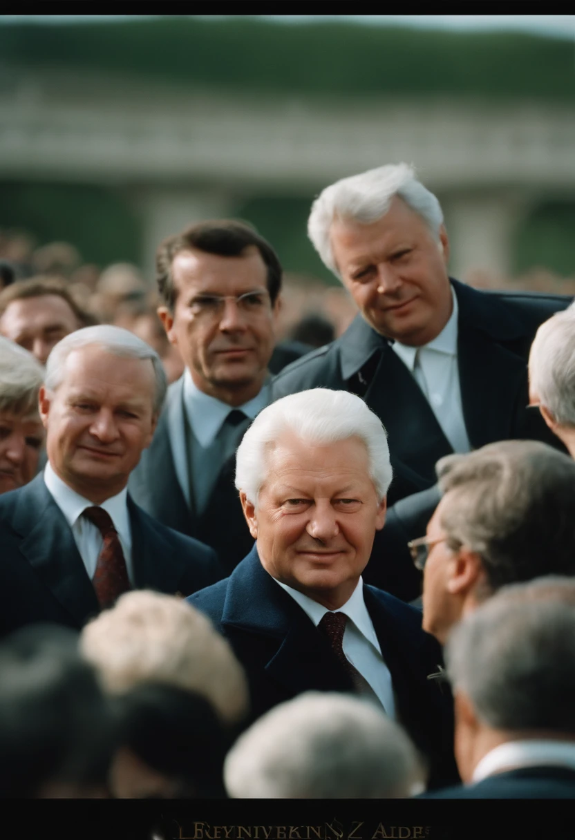 A photo of Yeltsin passionately leading a conga line at a local street festival,The Russian Federation,Yeltsin was of average height, standing at around 5 feet 8 inches (173 cm) tall. He had a sturdy and somewhat stocky build, with a noticeable roundness to his figure.
Facial Features: Yeltsin had a round face with a prominent jawline. He had a fair complexion, often appearing flushed or rosy-cheeked, which was sometimes attributed to his drinking habits. His face was characterized by deep-set blue eyes that conveyed a sense of intensity and determination. Yeltsin had thinning gray hair, which he typically wore short.
Expressive Eyes: Yeltsin's eyes were often described as expressive and animated. They had a lively and sometimes piercing quality, reflecting his strong personality and passionate nature.
Attire: Yeltsin's fashion sense was known for being relatively casual and unassuming. He often appeared in public wearing business suits, typically in dark colors such as blue or gray. On more informal occasions, he would opt for less formal attire, occasionally wearing sweaters or sport coats.
Body Language: Yeltsin's body language was often described as energetic and dynamic. He had a tendency to gesticulate with his hands while speaking, emphasizing his points with animated gestures. Yeltsin's physical movements were often characterized by a sense of vigor and purpose, reflecting his assertive and active approach to politics.
Over the years, the effects of aging became more apparent in Yeltsin's appearance. As he served multiple terms as President of Russia, his hair continued to gray, and wrinkles became more prominent. These signs of aging were often mentioned in media portrayals of Yeltsin during his later years in office.
Yeltsin's body language was often described as dynamic and active. He would often move around the stage or podium while speaking, using his gestures and physical movements to engage the audience. Yeltsin's body language conveyed a sense of urgency and purpose, reflecting his determination to bring about change., male