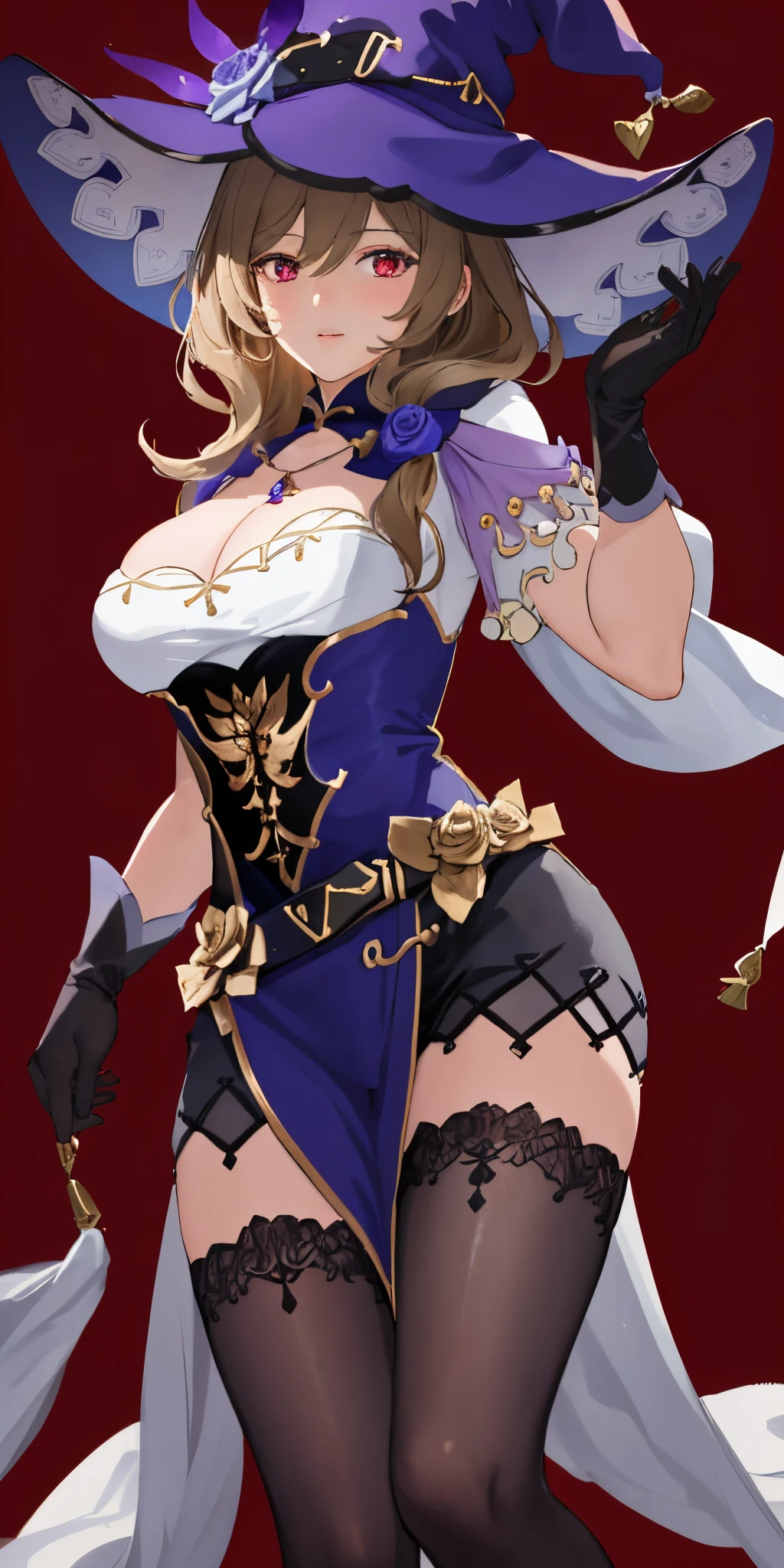 1girl, solo, lisadef, large breasts, cleavage, thighs, standing, (glowing red eyes), (from below view), red background