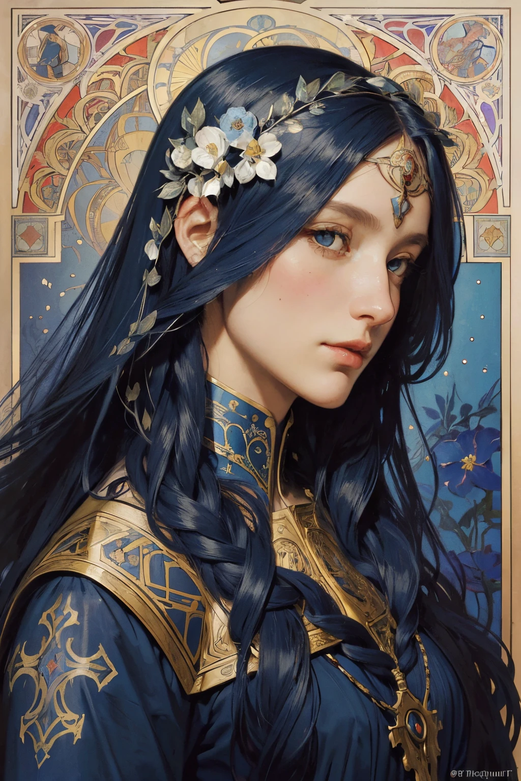 face portrait of a European woman holy knight, long curly colored hair, navy blue hair, Flower frame, Decorative panels, Abstract art, by Alphonse Mucha (tmasterpiece, beste-Qualit, hight resolution: 1.4), Detailed, Complicated details, 4k, color splatter, line art, Fibonacci ,