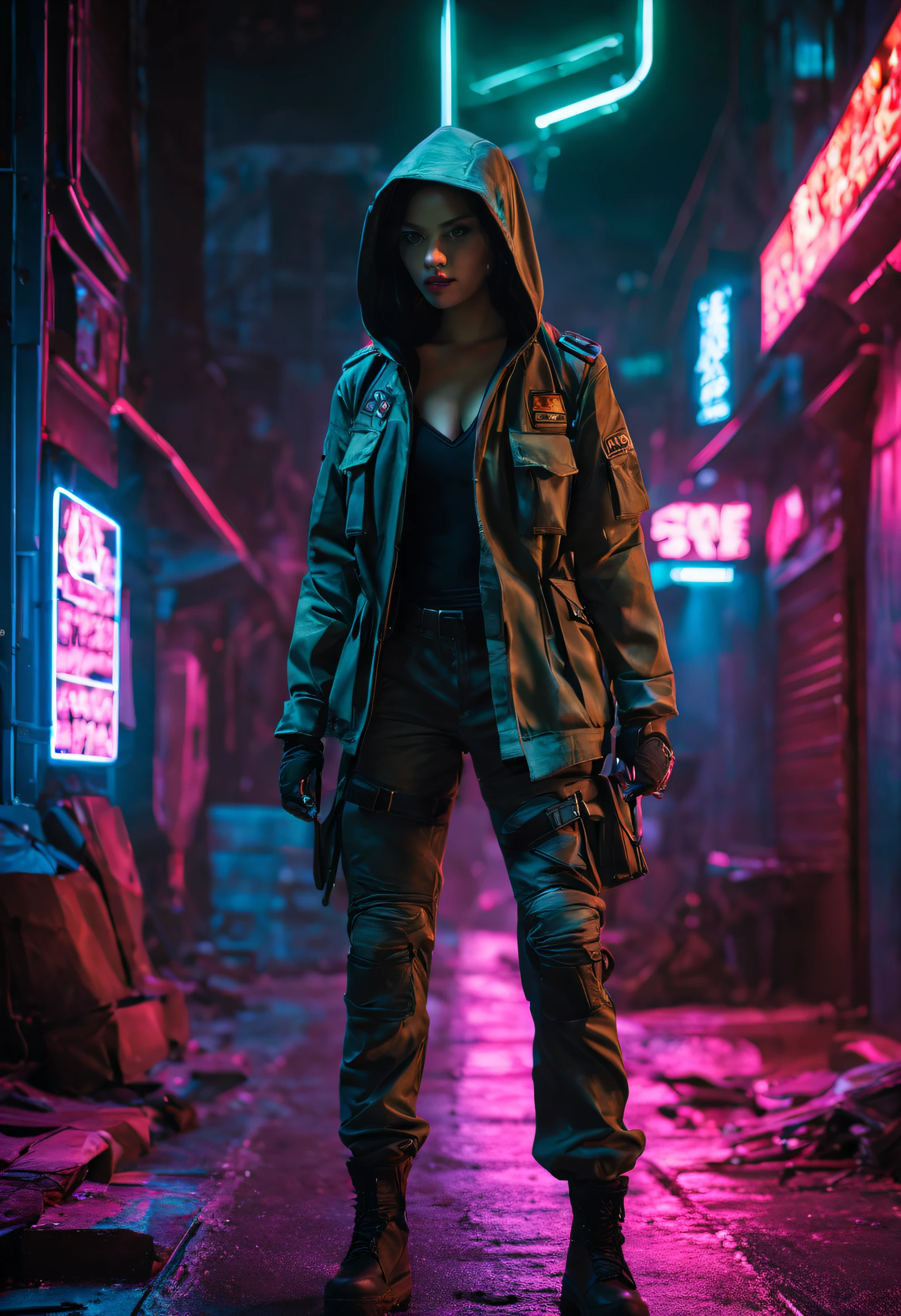 In the heart of the cyberpunk city, a mysterious scene unfolds as a demon girl, hiding in the shadows, hastily maneuvers through a dimly lit alley. Cloaked in a hooded military jacket and cargo pants, she becomes a phantom in the neon-lit night. The narrow passage is a convergence of darkness and flickering neon lights of the cyberpunk city, casting an eerie ambiance on the scene.