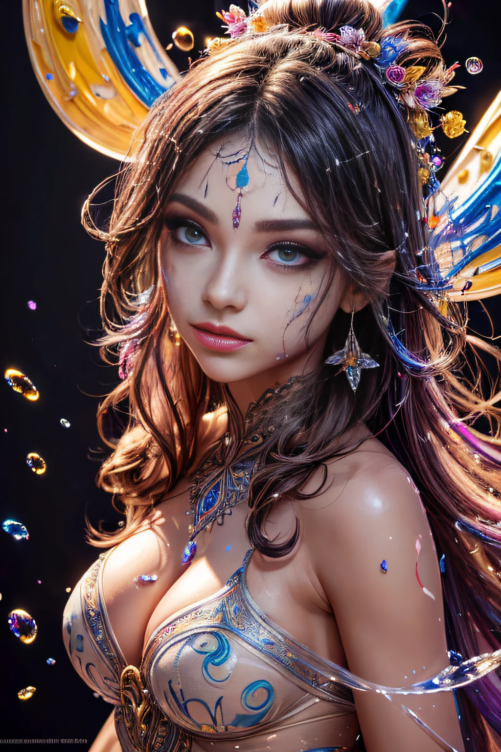 masterpiece, best quality, (extremely detailed CG unity 8k wallpaper, masterpiece, best quality, ultra-detailed, best shadow), (detailed background), (beautiful detailed face, beautiful detailed eyes), High contrast, (best illumination, an extremely delicate and beautiful),1girl,((colourful paint splashes on transparent background, dulux,)), ((caustic)), dynamic angle,beautiful detailed glow,full body, paint splash on face.