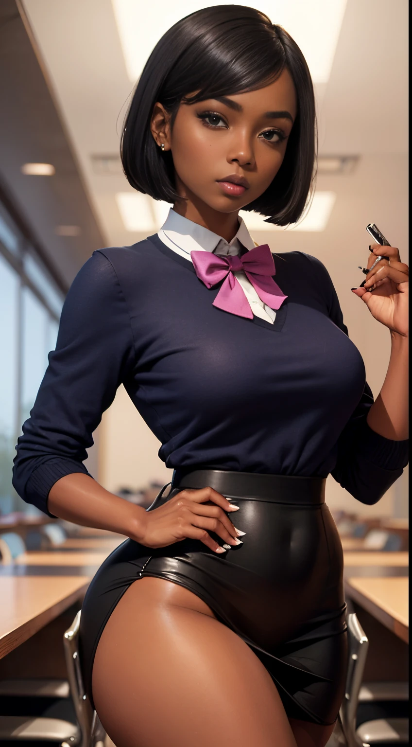 Beautiful woman, teaching class, dark skin, skin tight office clothes, office skirt, college auditorium, sexy pose, seductive pose, bowtie, bob cut