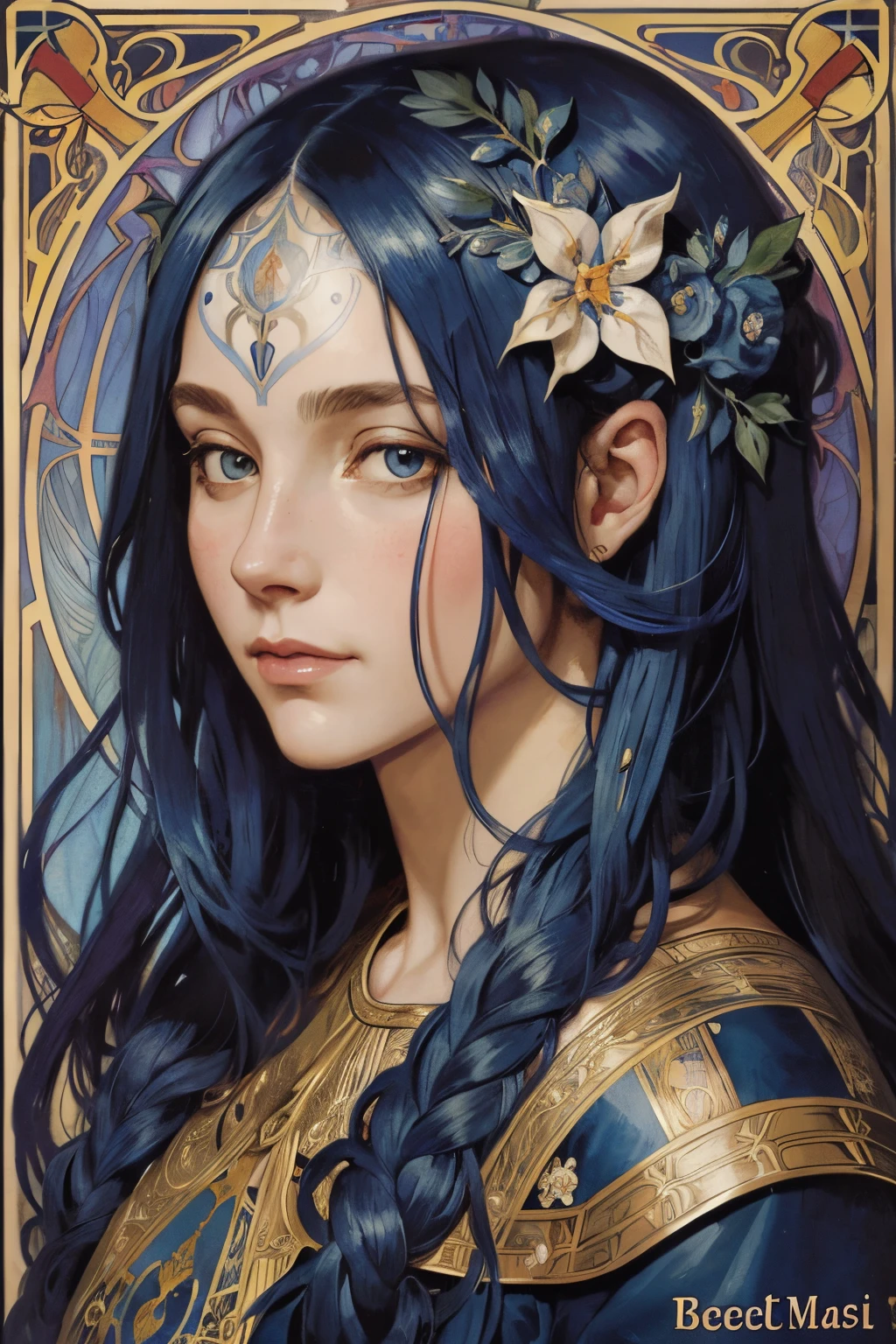face portrait of a European woman holy knight, long curly colored hair, navy blue hair, Flower frame, Decorative panels, Abstract art, by Alphonse Mucha (tmasterpiece, beste-Qualit, hight resolution: 1.4), Detailed, Complicated details, 4k, color splatter, line art, Fibonacci ,