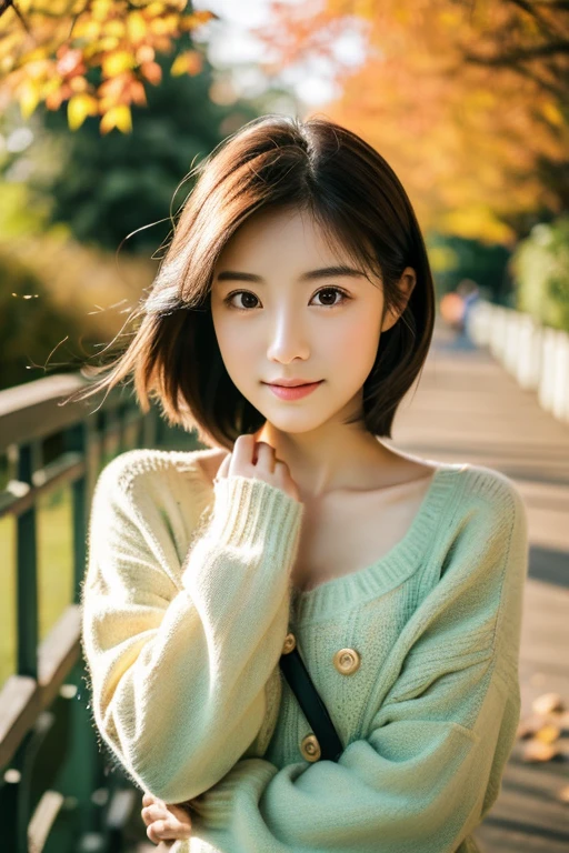 full body Esbian、( (Sweaters、beautiful countenance))、(Best Quality, 4K, masutepiece: 1.3), Beautiful Japan Alafed Woman、Hyper-realistic, 1girl in,hyperdetailed face,Detailed lips, Detailed eyes,二重まぶた, (Beautiful detailed lips),Sexy face、light brown hair、(Attractive body: 1.2), (thin waist:1.1)、floated hair、((独奏))、depth of fields、natural soft light、during daytime、魅惑的、beauitful face、Cleanliness、Pure face、kawaii、short-hair、walking on a bridge 、autumn 、flat breast、small tits、Green coat 、Overwear