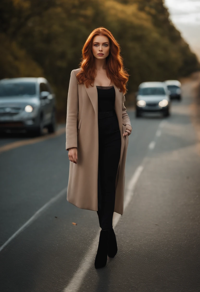 irish redhead, ginger hair, shoulder length ginger hair, gray eyes, sexy girl, ultra realist, Meticulously detailed, Portrait Sophie Mudd, selfie of a young woman, road background, black suite, with makeup, natural makeup, looking straight at camera , Face with Artgram, Subtle makeup, Great photo of the whole body standing on the road, in the the road, Medium to large bust, in a sexy black sexy outfit, standing on the the road