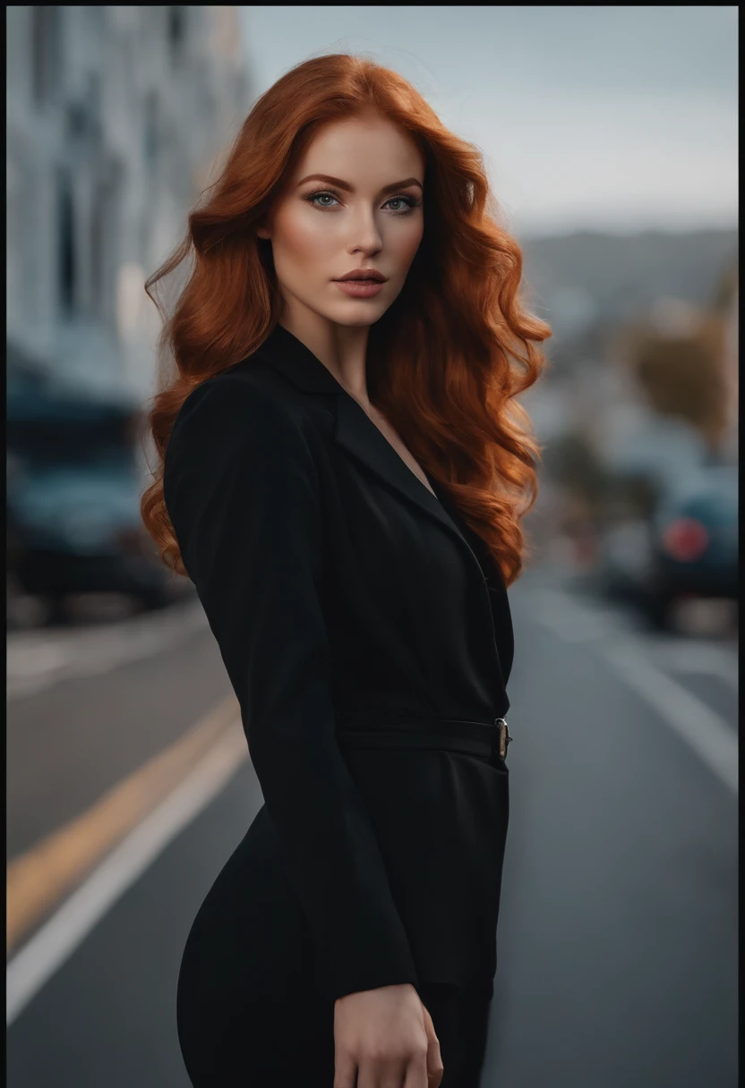 irish redhead, ginger hair, shoulder length ginger hair, gray eyes, sexy girl, ultra realist, Meticulously detailed, Portrait Sophie Mudd, selfie of a young woman, road background, black suite, with makeup, natural makeup, looking straight at camera , Face with Artgram, Subtle makeup, Great photo of the whole body standing on the road, in the the road, Medium to large bust, in a sexy black sexy outfit, standing on the the road