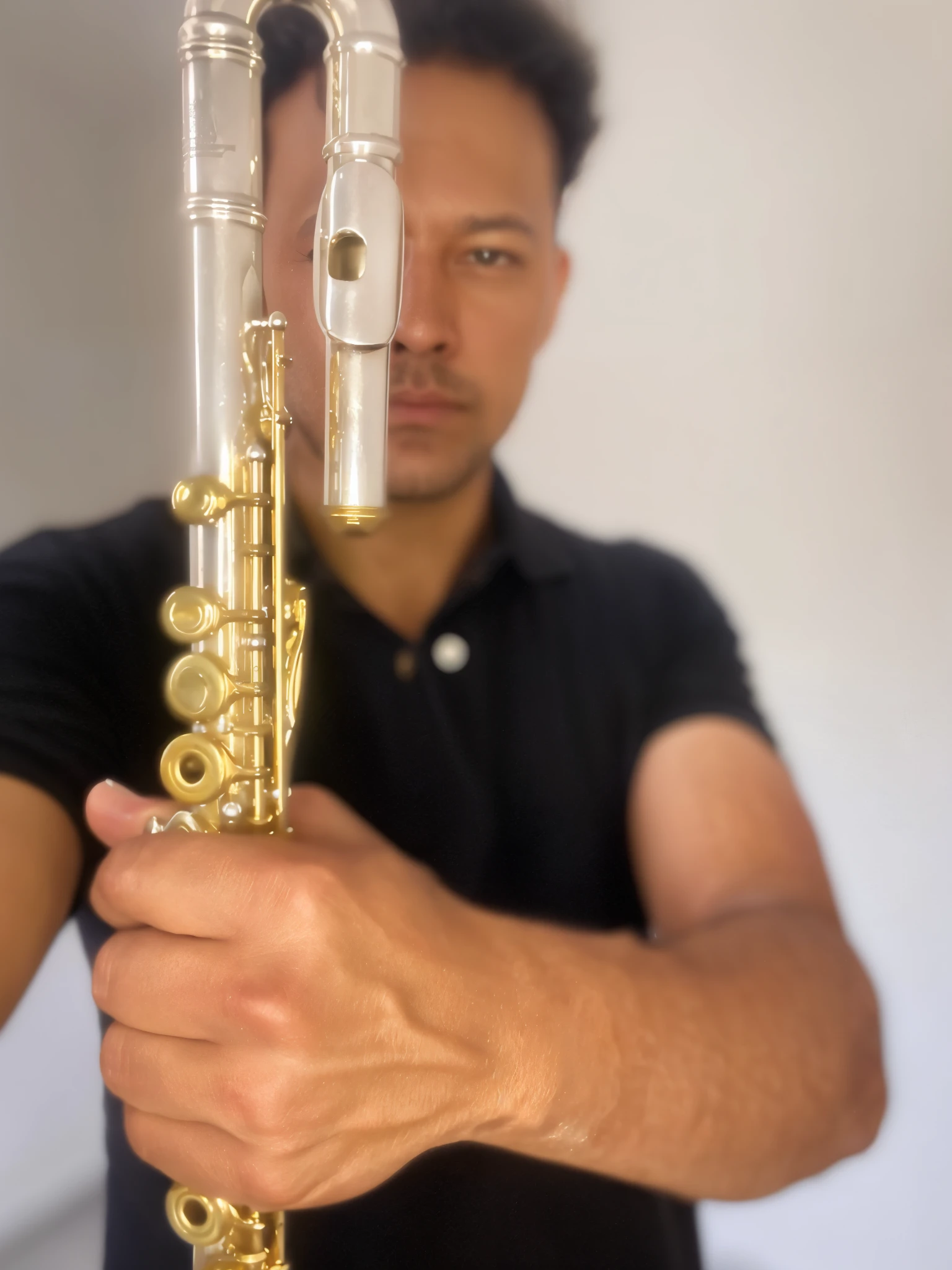 sharp man holding a flute in his hands and looking at the camera, masterful composition!!!, com grandes tubos dourados, foto de retrato detalhada, music instrument in hand, great composition, Vista lateral de um gaunt, apenas 3 / 4 retrato, andrew gonzalez, andres rios, um instrumento, perfil do lado direito, sousaphones reais