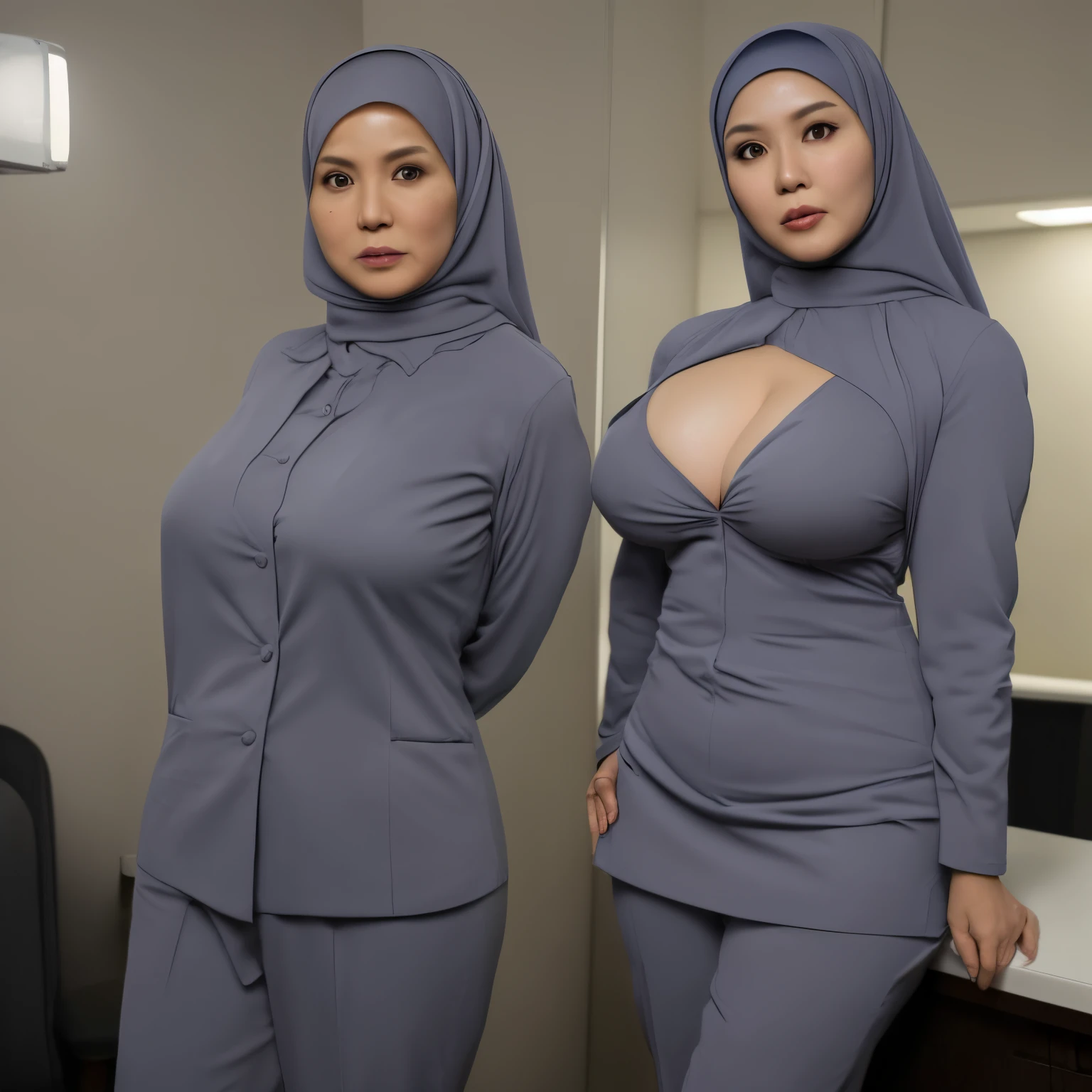 50 years Old, Hijab Indonesian mature woman, Big Tits : 21.9, doctor suit,curvy body, Tight Clothes, Sexy Pose, at doctor office, Dark light, at Nighttime.