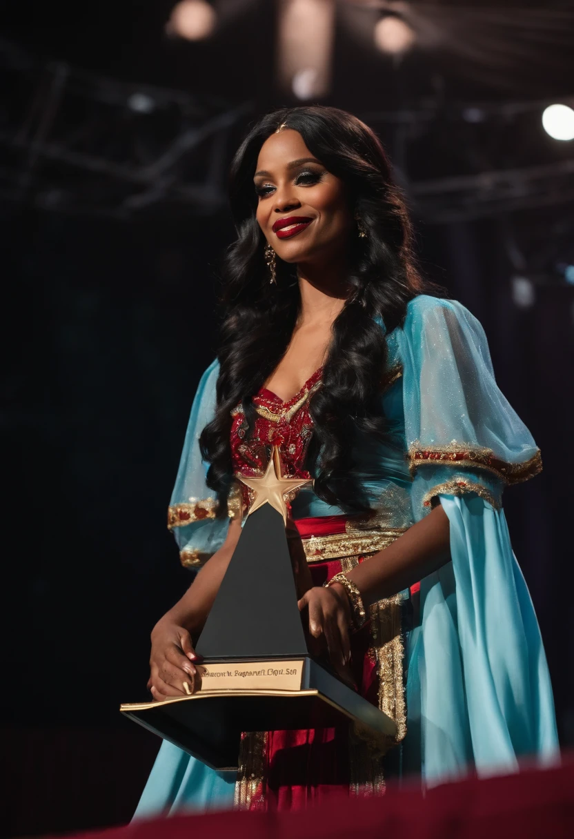 A photo of the character receiving an award on stage, surrounded by applauding audience members.,original,She has long, ebony black hair with purple streaks and red tips, icy blue eyes "like limpid tears" (even when they've mysteriously turned red), and she only wears clothing from Hot Topic.