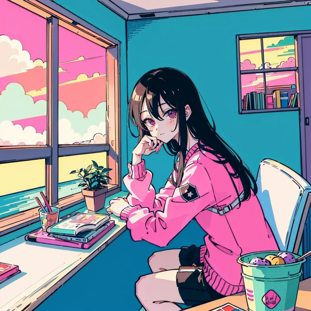 (masutepiece:1.5, best quality:1.5), ((estilo vaporwave, partially coloring)), Close-up, De cima, cinematic angle, (((baunilha))), 1girl em, sozinho, sorriso bonito, (segure um sorvete de baunilha), jewelry decoration, cabelos longos, em uma sorveteria, doll mess, Vida decadente, sunset outside the window, rua fora da janela, sunset outside the window, Music album covers