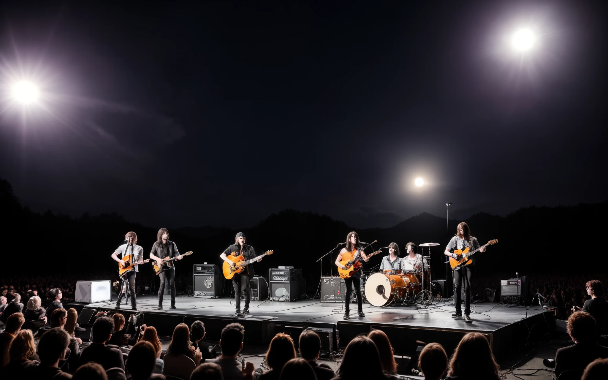 A four-piece rock band gives a concert under the moonlight