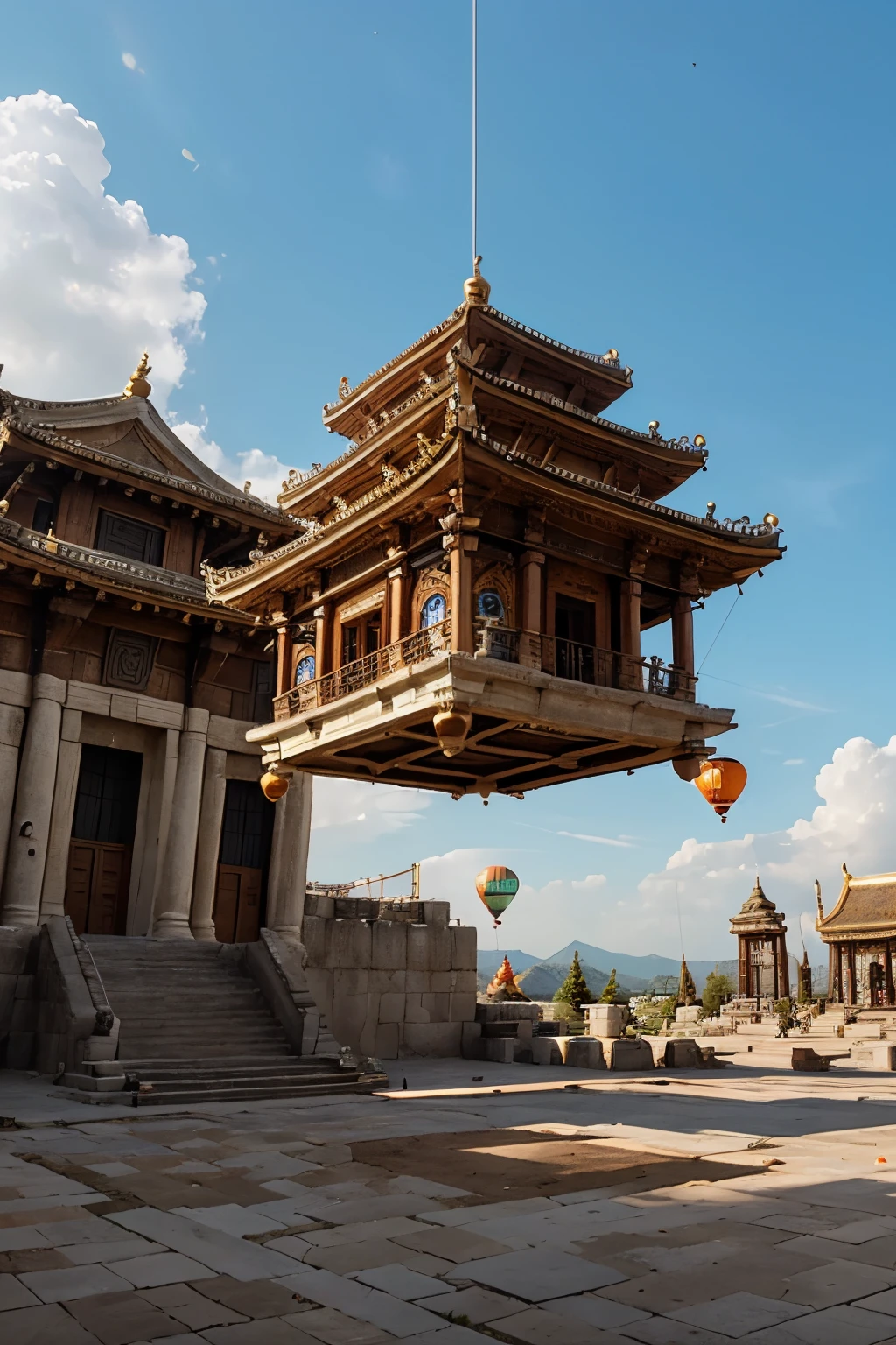 design a flying temple, where the crepidoma is over the ground and a group of ballons keep it flyng