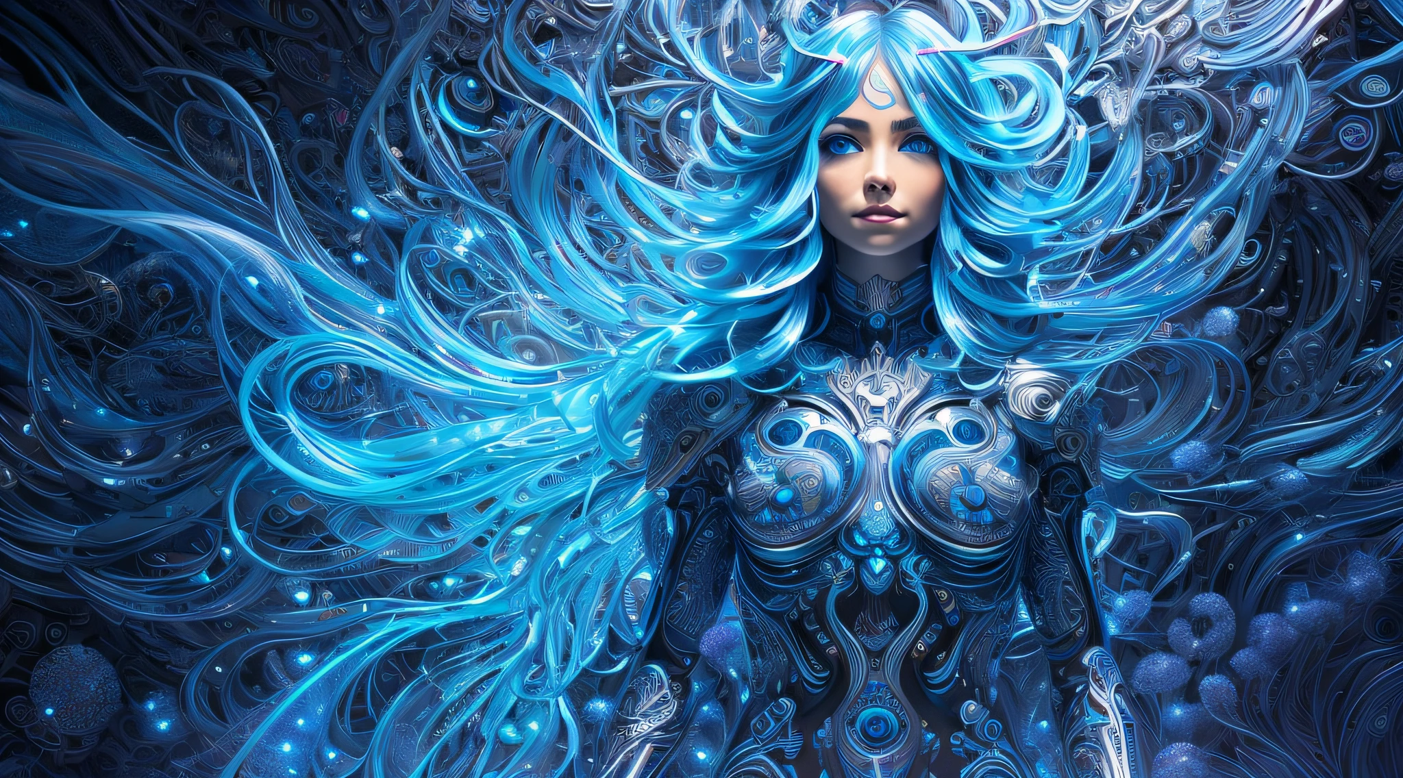 full body image (full body image 1.9), the concept of Artificial Intelligence floating in front of a door to the multiverse full of stars, vibrant, fluent colors, colorful, crystaline patterns, gears, cyberpunk, (delicate illustration 1.4), (masterpiece), (best quality), (ultra detailed), (absurdres), (highres), (official art:1.4), (illustration:1.4), (distinct image:1.2),(delicate illustration: 1.2), 8k, blue tones, (detailed face:1.3), (highlights in eyes:1.3), (detailed hair:1.3), (detailed skin:1.3), surreal,