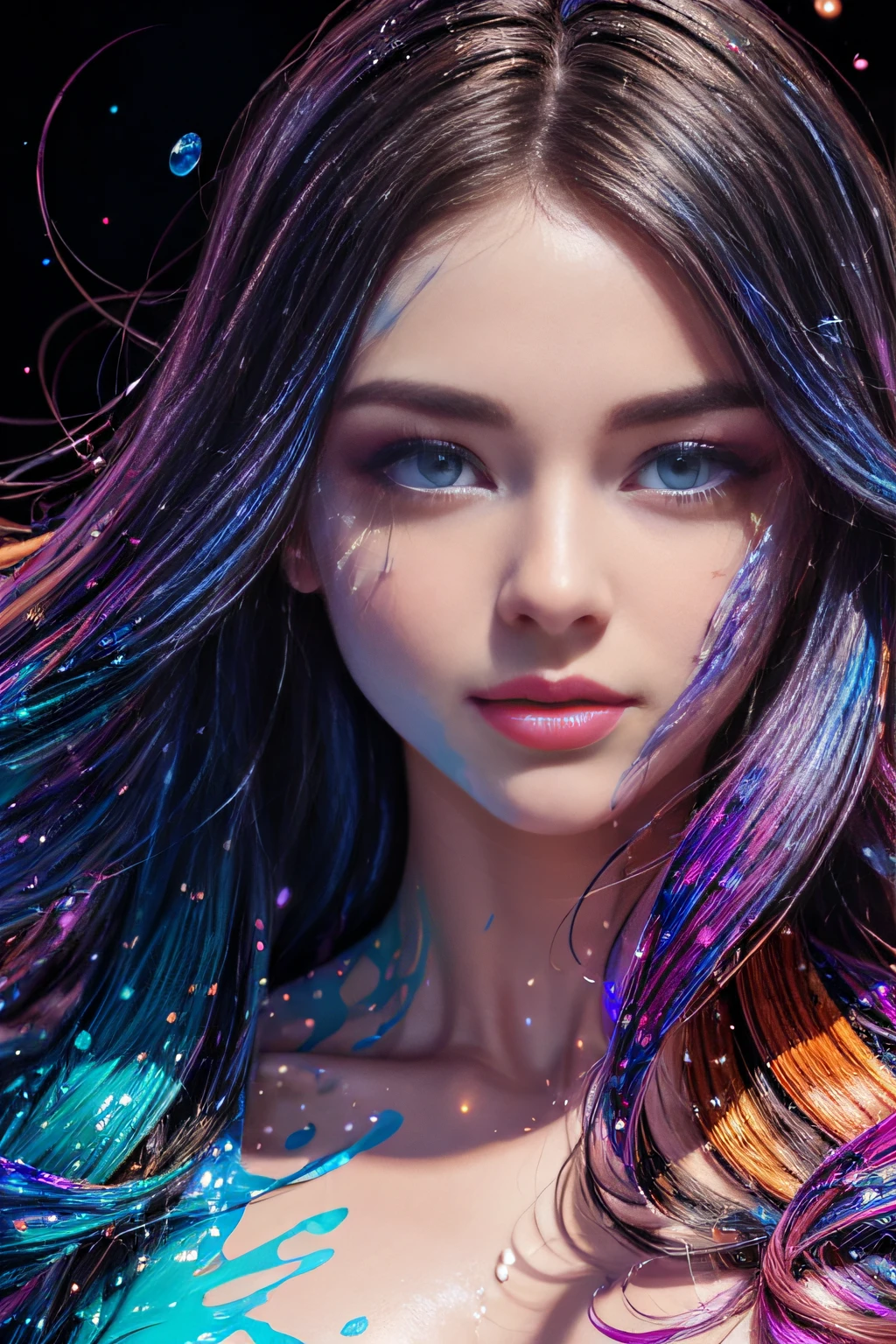 masterpiece, best quality, (extremely detailed CG unity 8k wallpaper, masterpiece, best quality, ultra-detailed, best shadow), (detailed background), (beautiful detailed face, beautiful detailed eyes), High contrast, (best illumination, an extremely delicate and beautiful),1girl,((colourful paint splashes on transparent background, dulux,)), ((caustic)), dynamic angle,beautiful detailed glow,full body, paint splash on face.