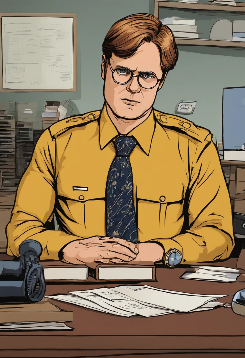 A photo of Dwight meticulously organizing his desk with military precision.,The Office,Dwight Schrute, another character from “The Office,” is known for his distinct, somewhat antiquated appearance: a stern expression, a rigid, formal posture, and usually dressed in a mustard-colored shirt and dark tie. His hairstyle is severe and practical, matching his no-nonsense attitude.