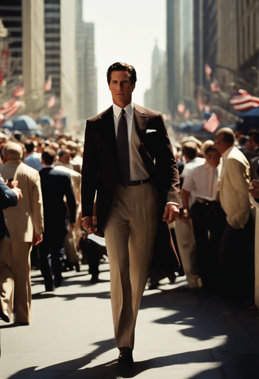 The image is of Patrick standing on a crowded city street, surrounded by people hustling and bustling around him.,American Psycho,Patrick is a tall, tan, muscular man with slicked back brown hair, and an expensive suit. Looks like Christian Bale