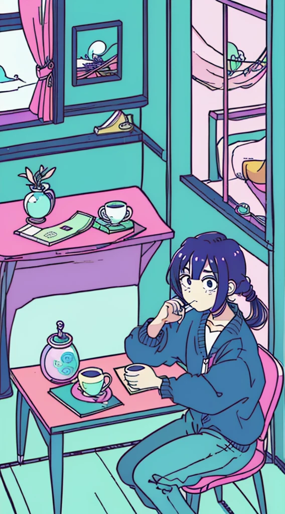 (masutepiece:1.5, best quality:1.5), ((estilo vaporwave, partially coloring)),In a cozy Japanese-style room, Menina estudando diligentemente na mesa sozinha,Quarto Dim,Stylish warm lighting, coffe in desk,Eu posso ver a lua da janela,Quarto decorado com plantas