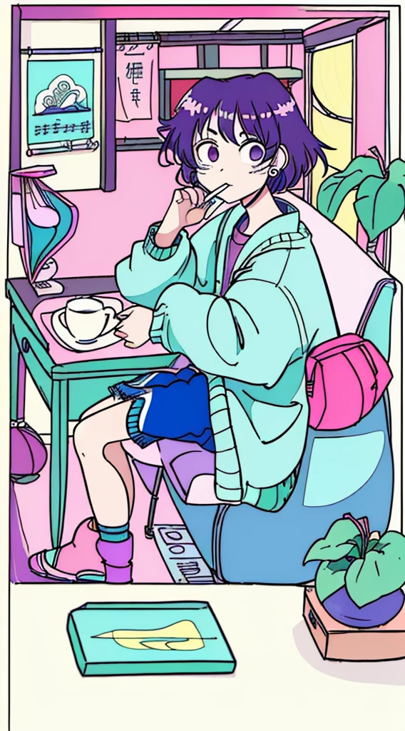 (masutepiece:1.5, best quality:1.5), ((estilo vaporwave, partially coloring)),In a cozy Japanese-style room, Menina estudando diligentemente na mesa sozinha,Quarto Dim,Stylish warm lighting, coffe in desk,Eu posso ver a lua da janela,Quarto decorado com plantas