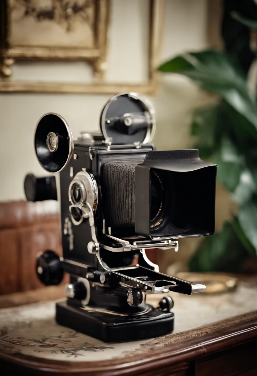 An image of a vintage movie camera on a director's desk,original,Michael is slightly overweight and in his early 40s . He has black hair but a streak of white in the front.