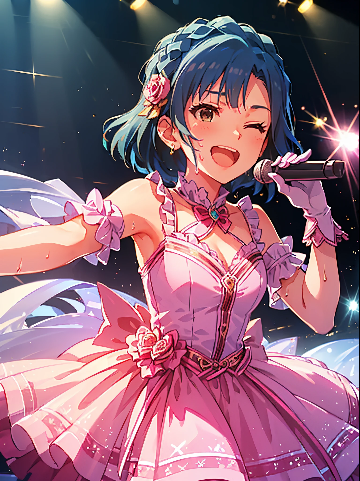 Idol girl in dress dancing on stage with confetti, Long light blue hair、Twin-tailed、Black eyes, Detailed key anime art, official artwork, idolmaster, Cute, Gorgeous and cute white and red dress、Hands up、jumpping、hight resolution、The best smile、cleavage of the breast、high-heels、a frilled miniskirt、Shining lighting with neon details、Hold the microphone with your left hand and sing、light reflections、Heart-shaped iris、playful eyes、white panty