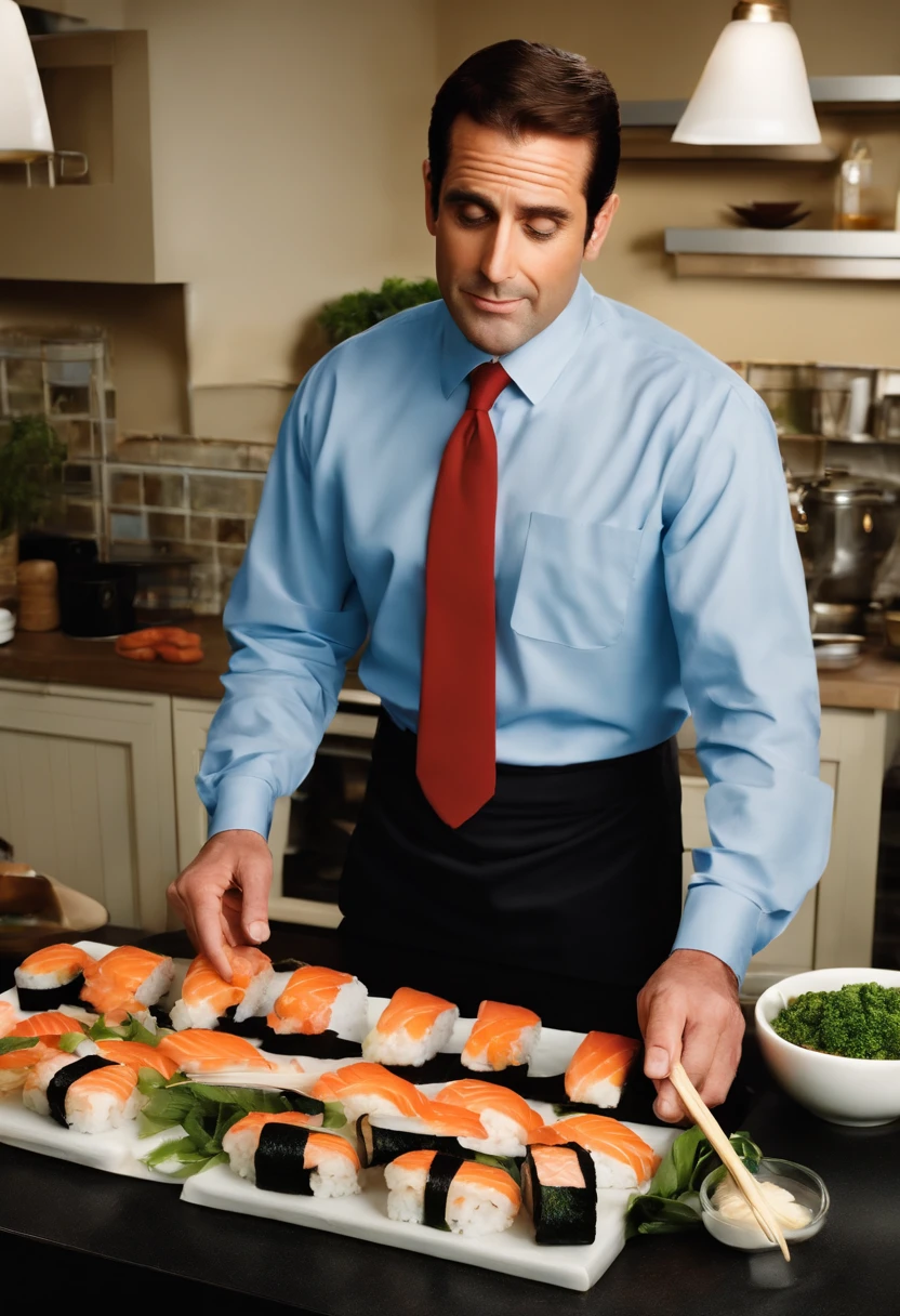 A photo of Michael attempting to make sushi,The Office TV show,Michael Scott, the fictional character from “The Office,” is a middle-aged man with a receding hairline and a penchant for ill-fitted suits, which adds to his somewhat awkward and unpolished appearance. He often carries a goofy, sometimes childlike expression, complementing his attempts to be liked and seen as humorous by his employees.