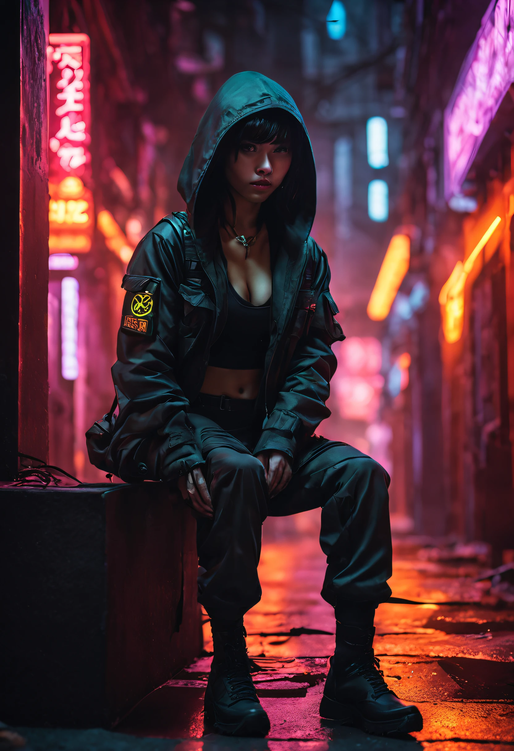 In the heart of the cyberpunk city, a mysterious scene unfolds as a demon girl, hiding in the shadows in crouching pose, hastily maneuvers through a dimly lit alley. Cloaked in a hooded military jacket and cargo pants, she becomes a phantom in the neon-lit night. The narrow passage is a convergence of darkness and flickering neon lights of the cyberpunk city, casting an eerie ambiance on the scene.