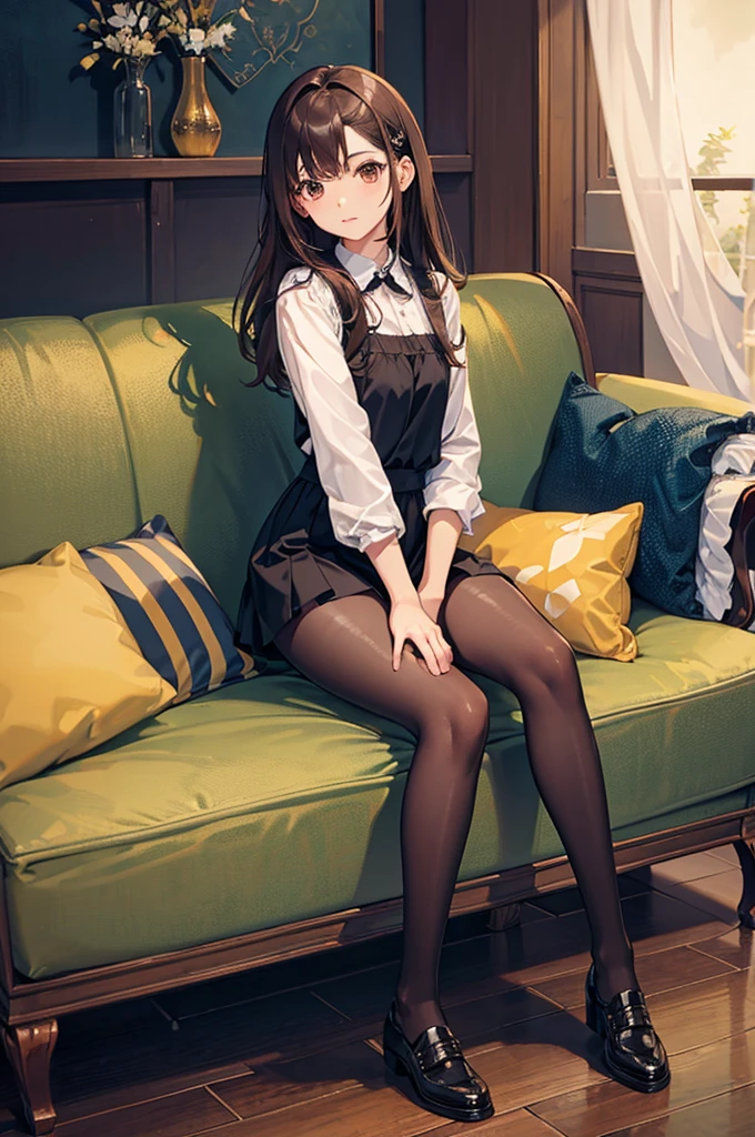 Full body portrait、Top image quality、Let your brown hair flow lightly、wearing a cute miniskirt23cute old girl、80Sit on the sofa wearing black denier tights。Please express her loveliness and refreshing charm...。"