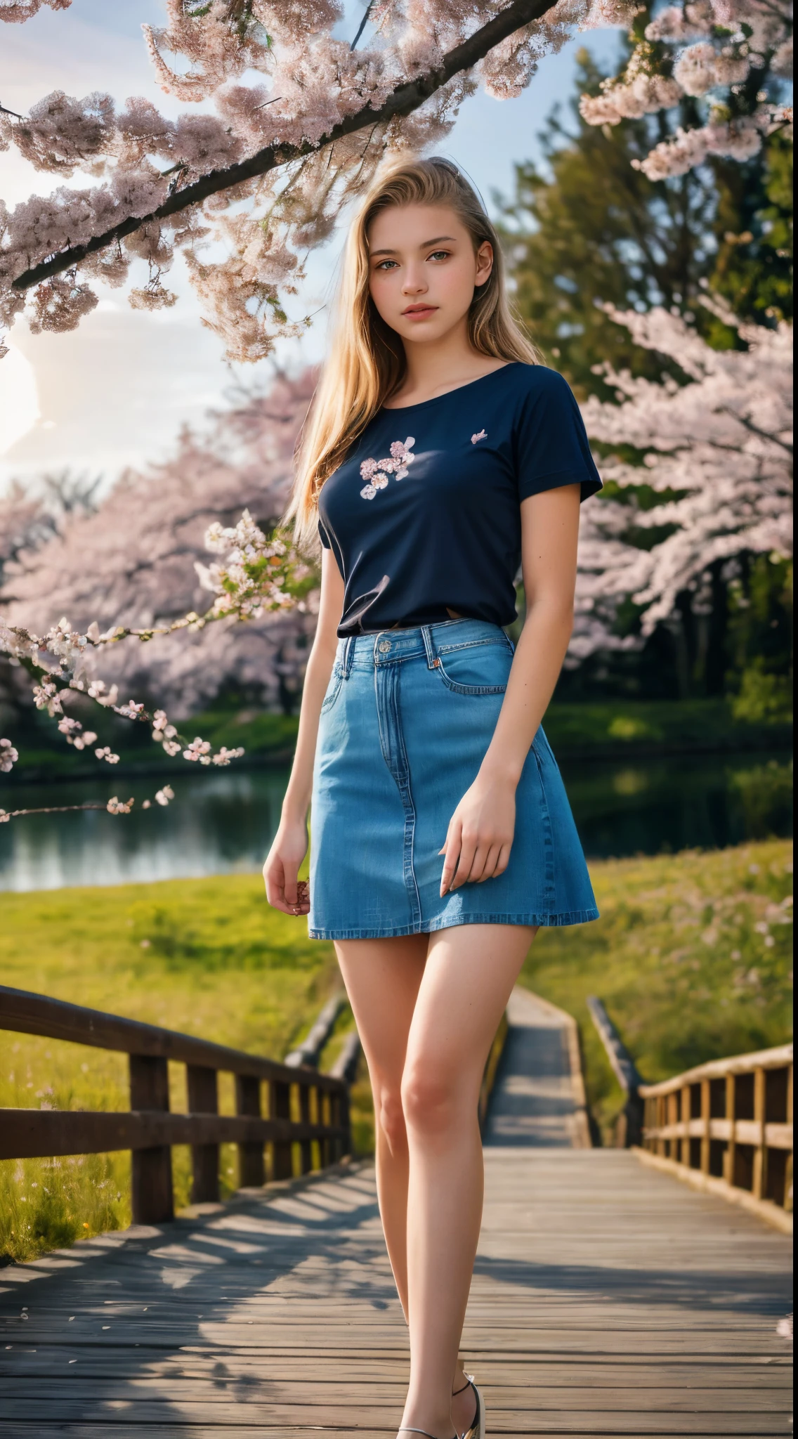 16 year old pre-teen, Finnish, blonde, small breasts, big eyes, long legs, close-up on thighs, t-shirt, translucent neckline, denim skirt, park background, crossing a wooden bridge at the lake, tree, flower cherry blossom, sunrise, light through fabric, (realistic, photorealistic: 1.37), specular light, ray tracing, HDR