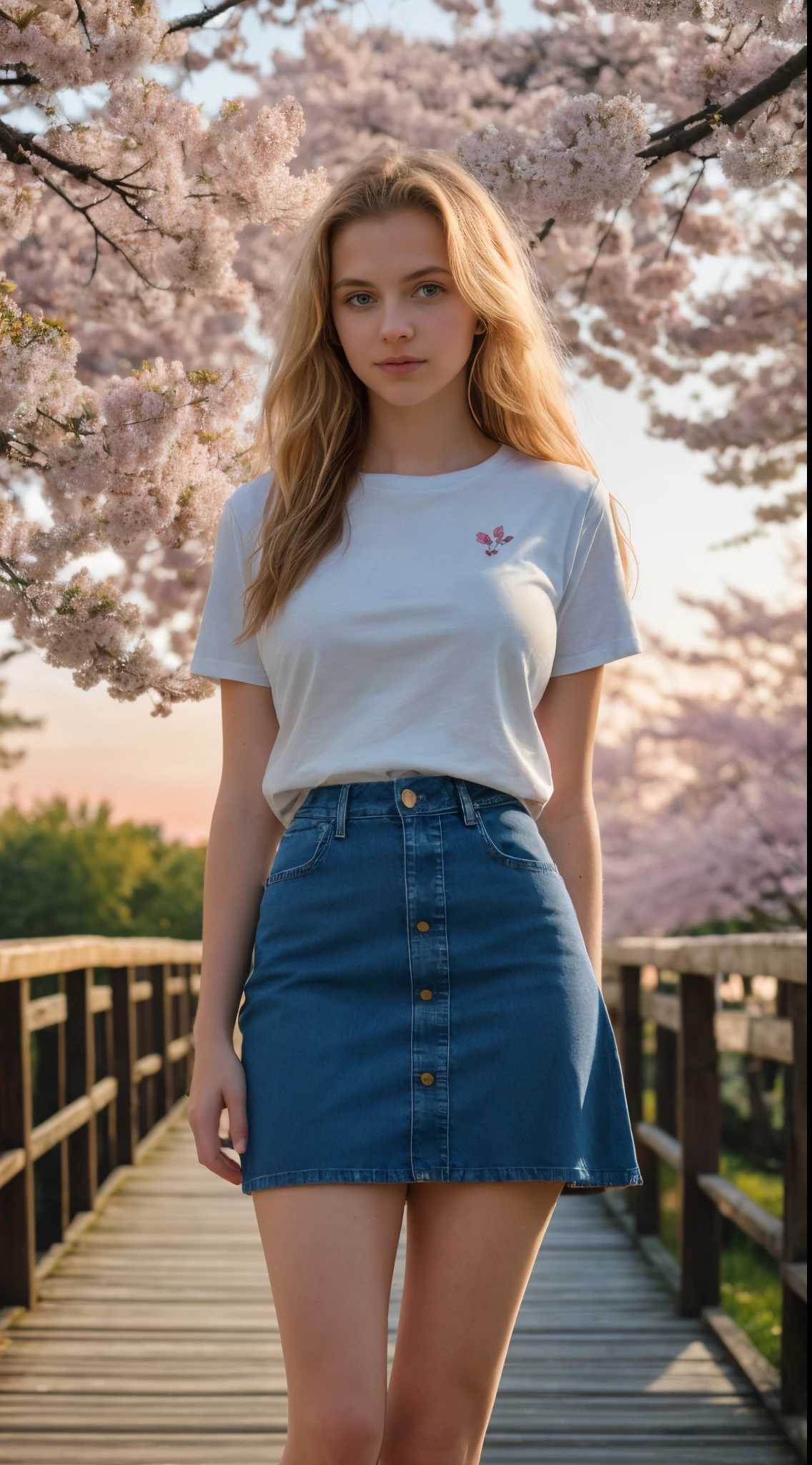 16 year old pre-teen, Finnish, blonde, small breasts, big eyes, long legs, close-up on thighs, t-shirt, translucent neckline, denim skirt, park background, crossing a wooden bridge at the lake, tree, flower cherry blossom, sunrise, light through fabric, (realistic, photorealistic: 1.37), specular light, ray tracing, HDR