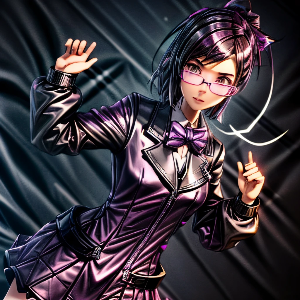 make me a 3D fortnite character. i have black glasses with pink on the side of the glasses and i have black hair. i have brown eyes and make my outfit have a purple shiny dress