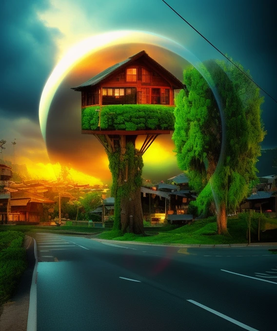 there is a photo of a tree house in the middle of the road, tree house, tree town, bonsai tree house, tree house, cyberpunk tree house, the battle for the treehouse, Modern house made of tree, Foto surreal, Fotomontagem, photo manipulation, Directed by: Nadir Afonso, unusual composition, inspirado em Matthias Jung, photo - manipulation, colagem surreal